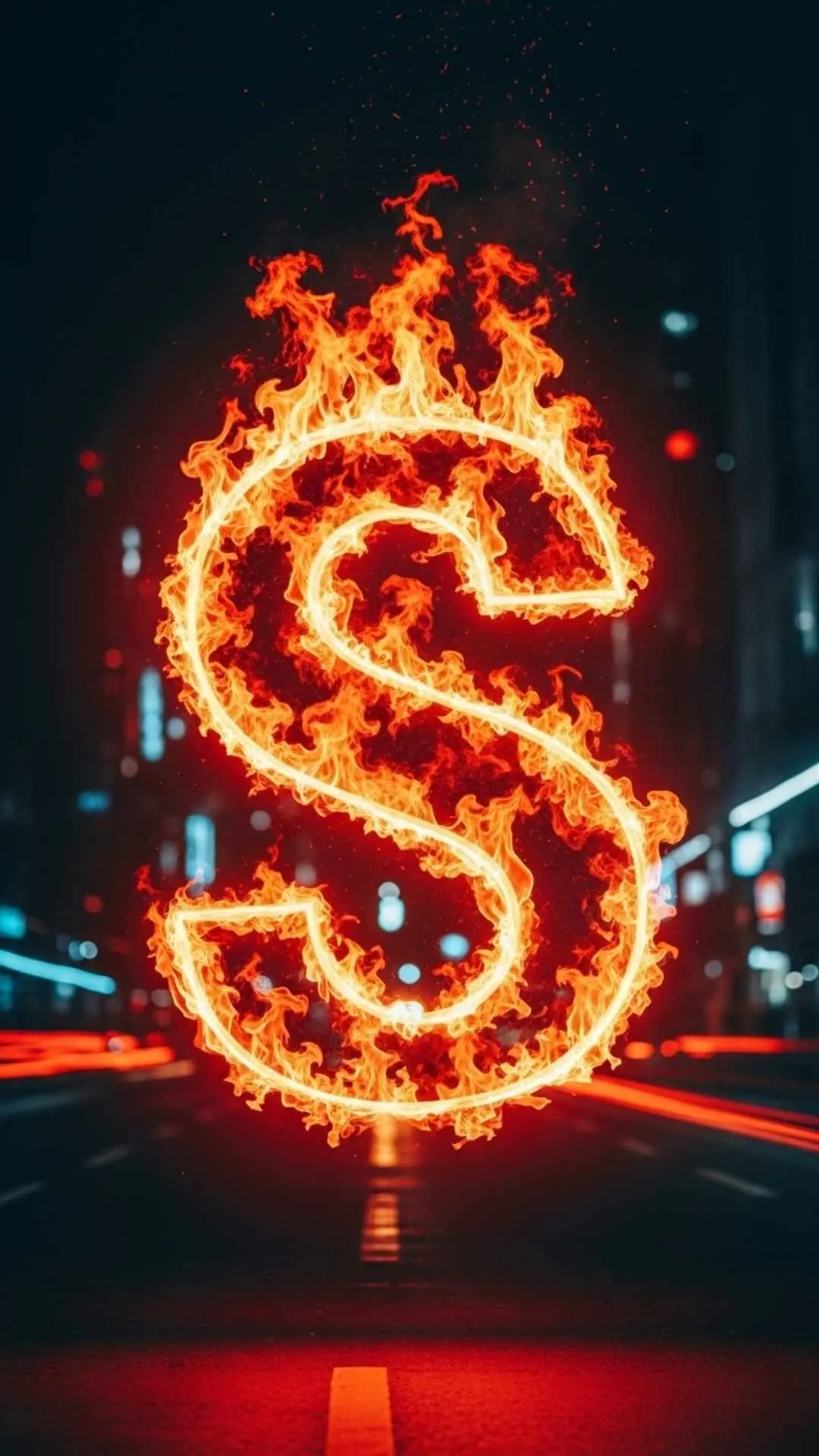 A dynamic fire S letter DP, blazing with passionate orange and red flames against a dark, blurred city night background. This cool and stylish S name DP for boys and girls signifies energy and attitude, perfect for a trendy WhatsApp or Instagram profile in India