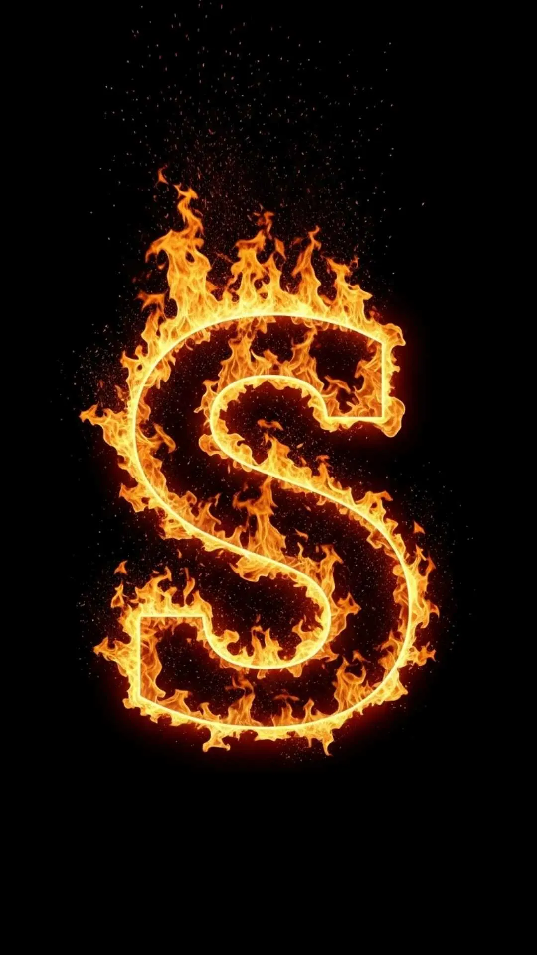 A powerful fire S letter DP, showing a bold 'S' engulfed in raging orange flames against a pure black background. This S name DP for boys signifies strong attitude and energy, ideal as a cool, stylish HD 4K WhatsApp profile picture. Free download from Majekfilms.com