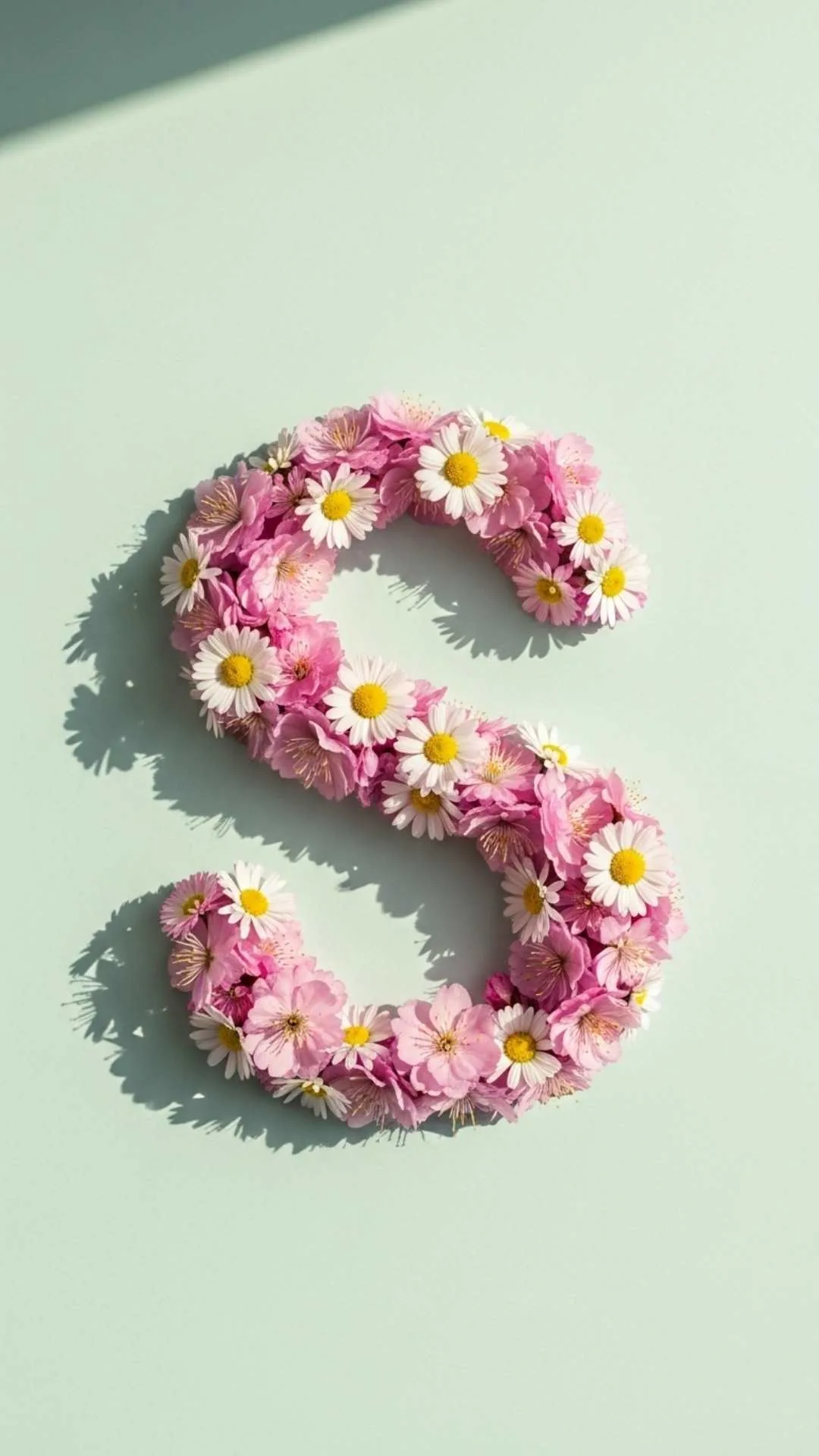 A beautiful S letter DP, delicately formed from pink cherry blossoms and white daisies, on a soft pastel background. This cute S name DP for girls is perfect as a floral, aesthetic, and romantic HD 4K profile picture for WhatsApp or Instagram in India
