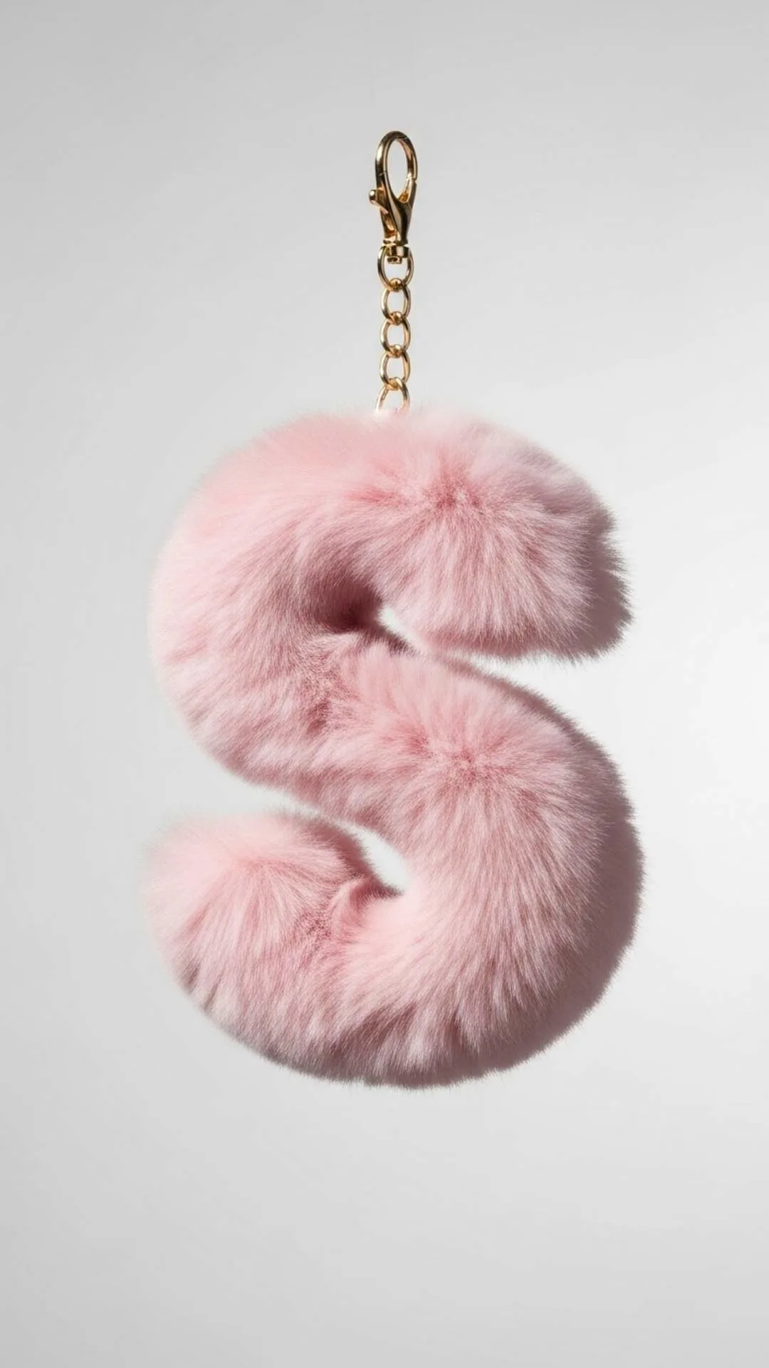 A very cute S letter DP, featuring a photorealistic, fluffy pink faux-fur 'S' keychain with a gold clasp. This trendy and stylish S name DP for girls is an adorable, unique HD 4K image for a modern WhatsApp profile. Free download from Majekfilms.com