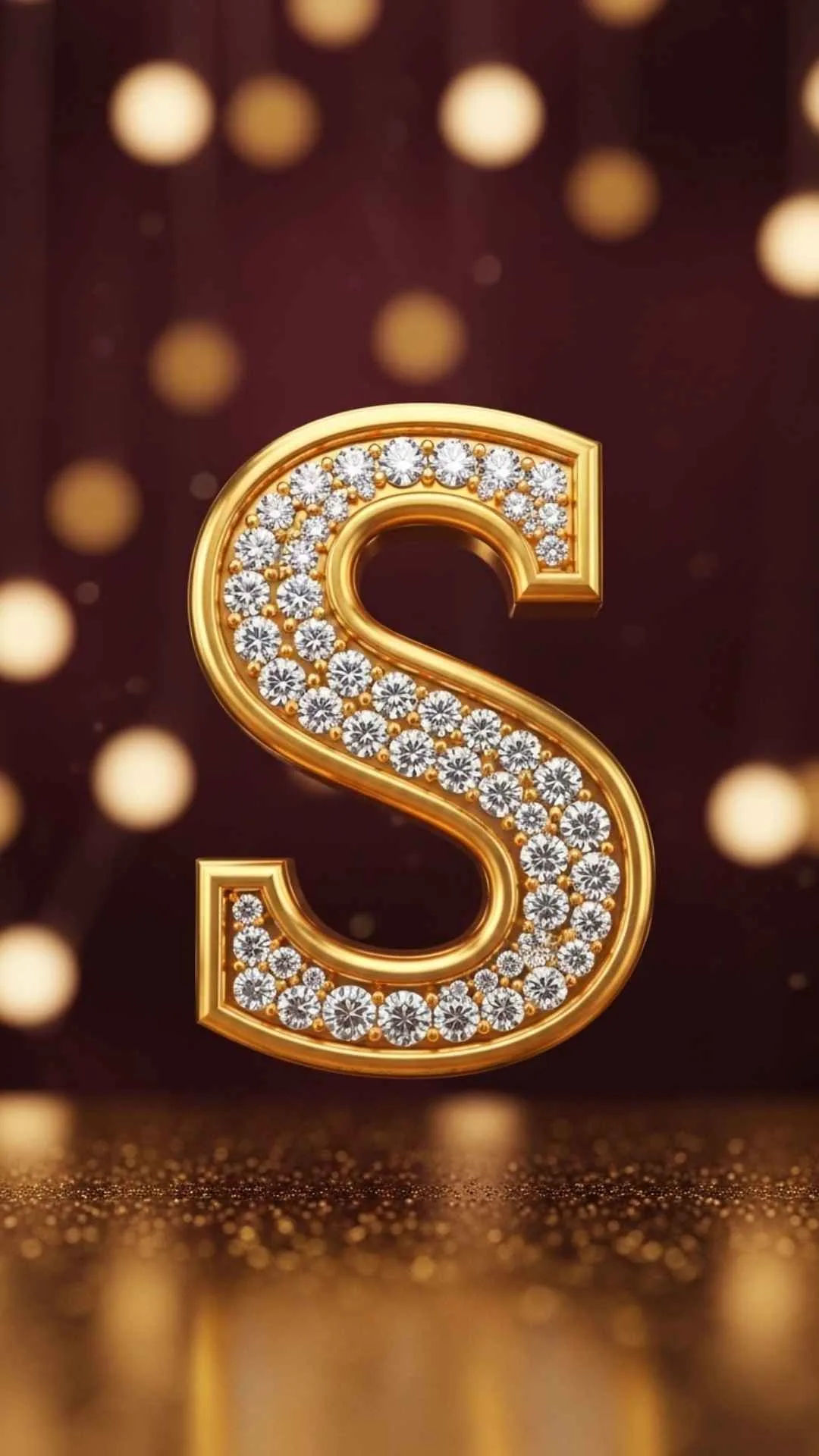 A luxurious 3D gold S letter DP, encrusted with sparkling diamonds, on a rich maroon and gold festive bokeh background. This stylish S name DP signifies prestige and success, perfect for a high-class WhatsApp or Instagram profile picture for users in India.