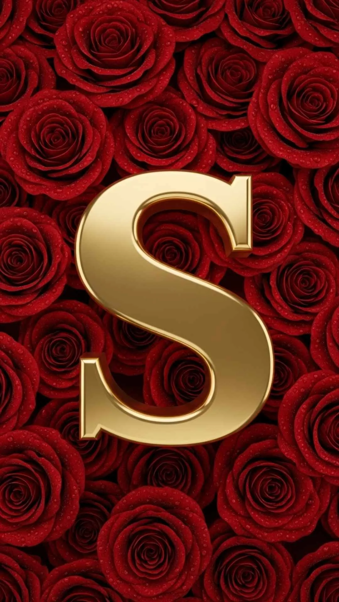 A beautiful gold S letter DP, featuring a luxurious 3D golden 'S' against a lush background of velvety red roses. This classic, romantic, and stylish HD 4K image is perfect for a love-themed WhatsApp profile picture in India. Free download from Majekfilms.com