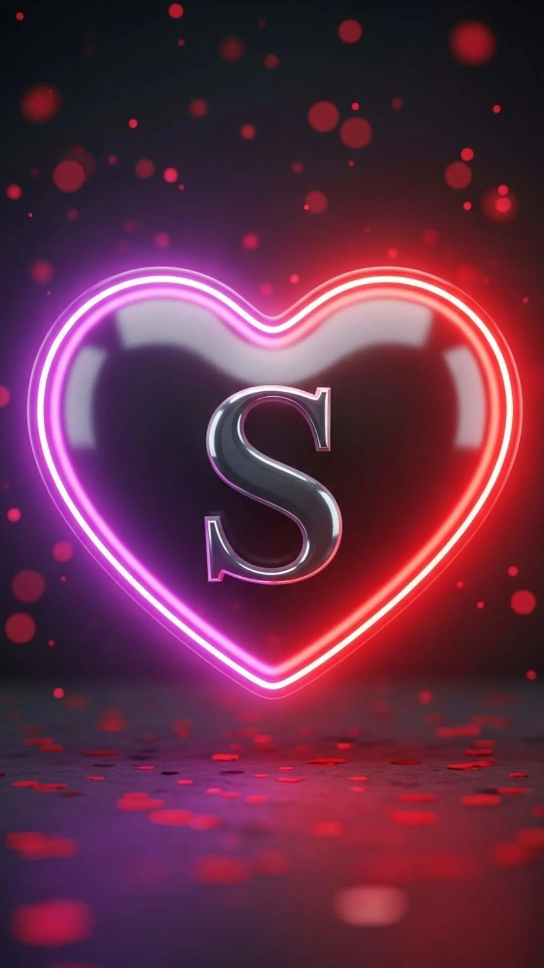 A romantic S letter love DP, featuring a stylish silver 'S' nested inside a large, glowing 3D neon red and pink heart. This beautiful, high-resolution (HD, 4K) image is perfect for a cute or stylish WhatsApp profile picture or status in India. Free download from Majekfilms.com.