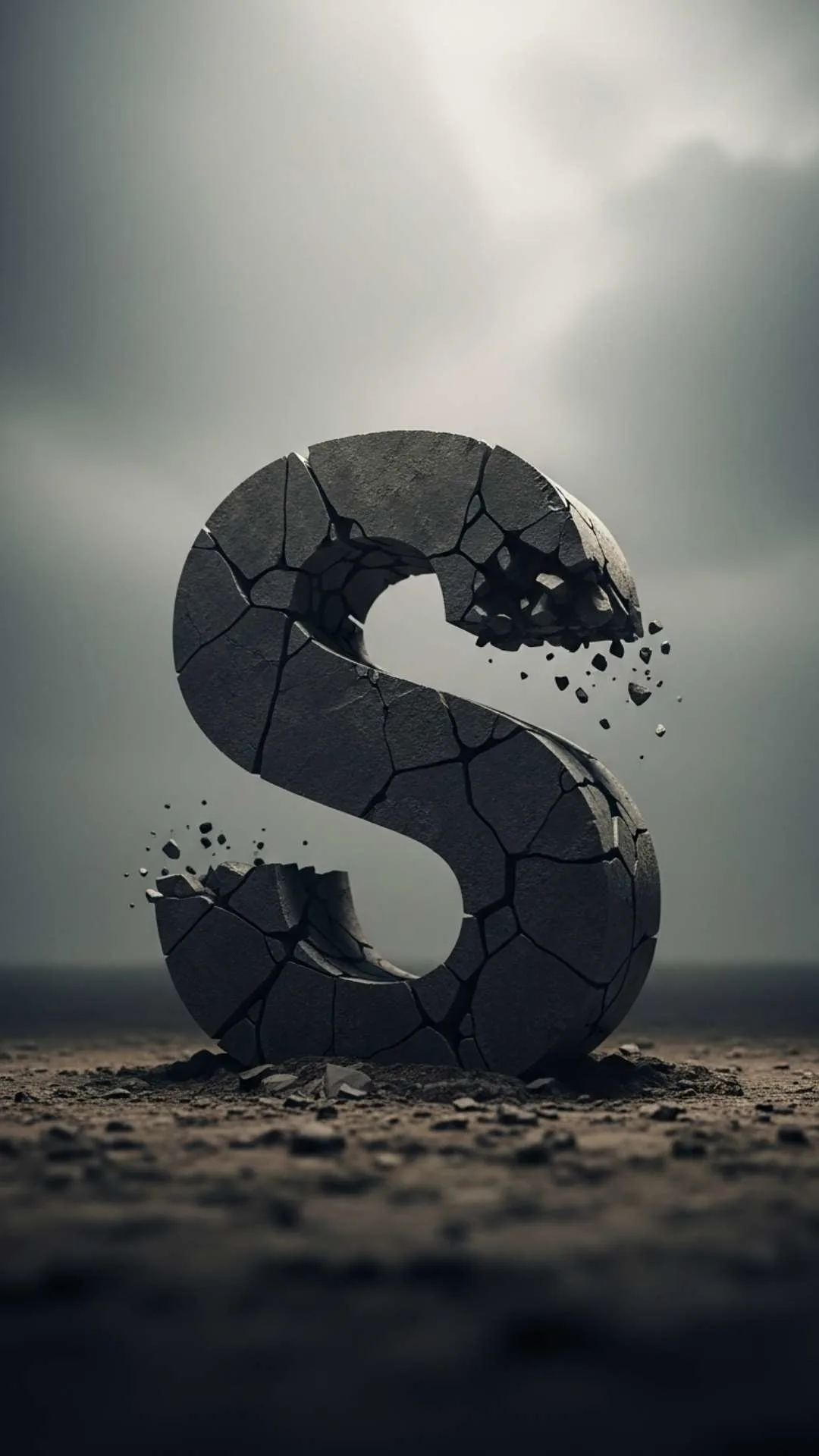 A sad S letter DP, showing a 3D stone 'S' that is cracked and shattered, on a desolate, barren ground. This high-resolution (HD, 4K) broken S name DP for boys and girls in India is perfect for a moody WhatsApp profile picture. Free download from Majekfilms.com.