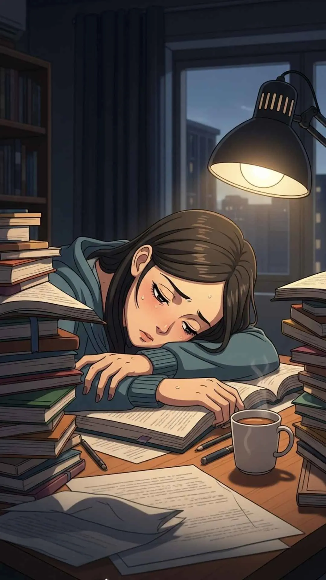 A 9:16 'sad' anime study DP, showing a tired girl with her head on a desk surrounded by books. This 'relatable' image expresses the stress and fatigue of exam season, making it a popular 'honest' WhatsApp DP for female students in India. Download free 'Sad DP' and 'Anime DP' images at Majekfilms.com.