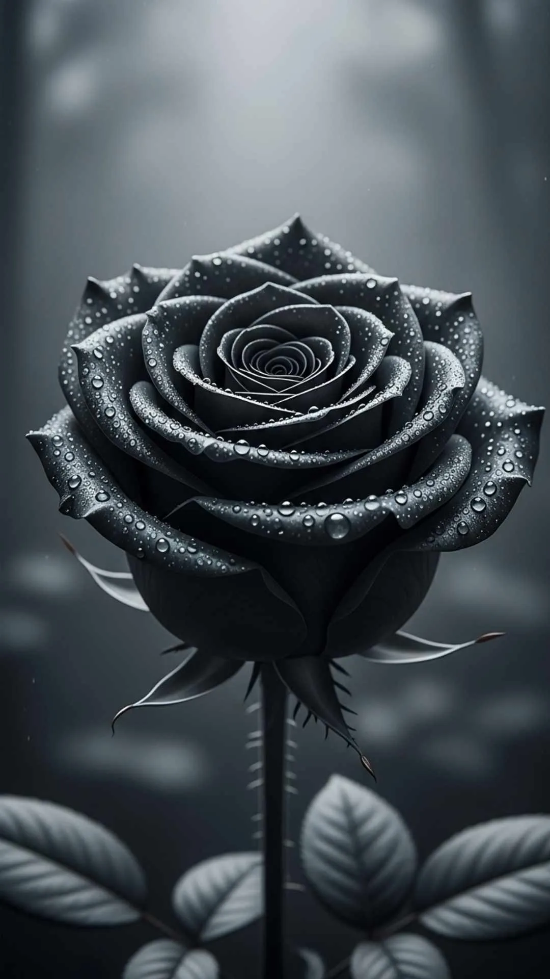 A high-quality 4K black rose DP for a sad or aesthetic profile, featuring a single, dark black rose covered in raindrops against a misty background, symbolizing deep sorrow or a broken heart.