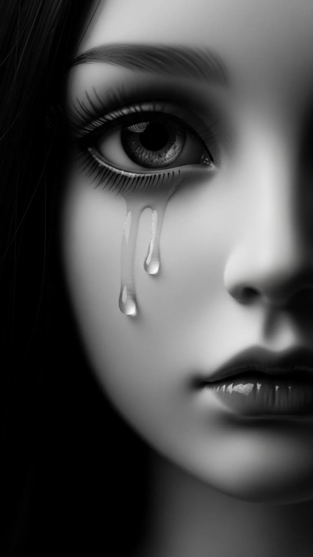 An 'artistic' and 'sad doll images dp' in 'monochrome' from Majekfilms.com. This 4K HD 'broken heart dp' shows a close-up of a doll's face with a tear, perfect for a 'sad profile pic' expressing 'melancholy'.