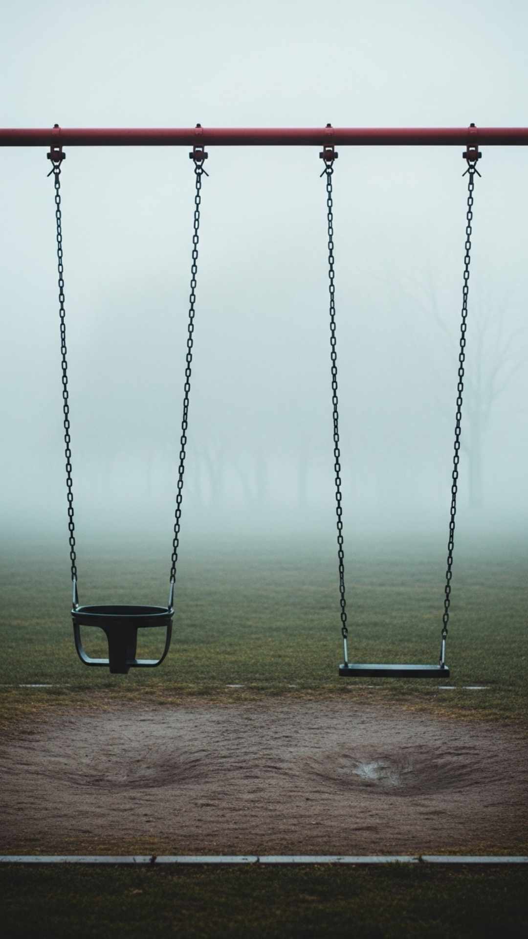 A lonely Friendship DP featuring two empty swings in a misty park, conveying distance, loneliness, and missing a friend who is no longer close