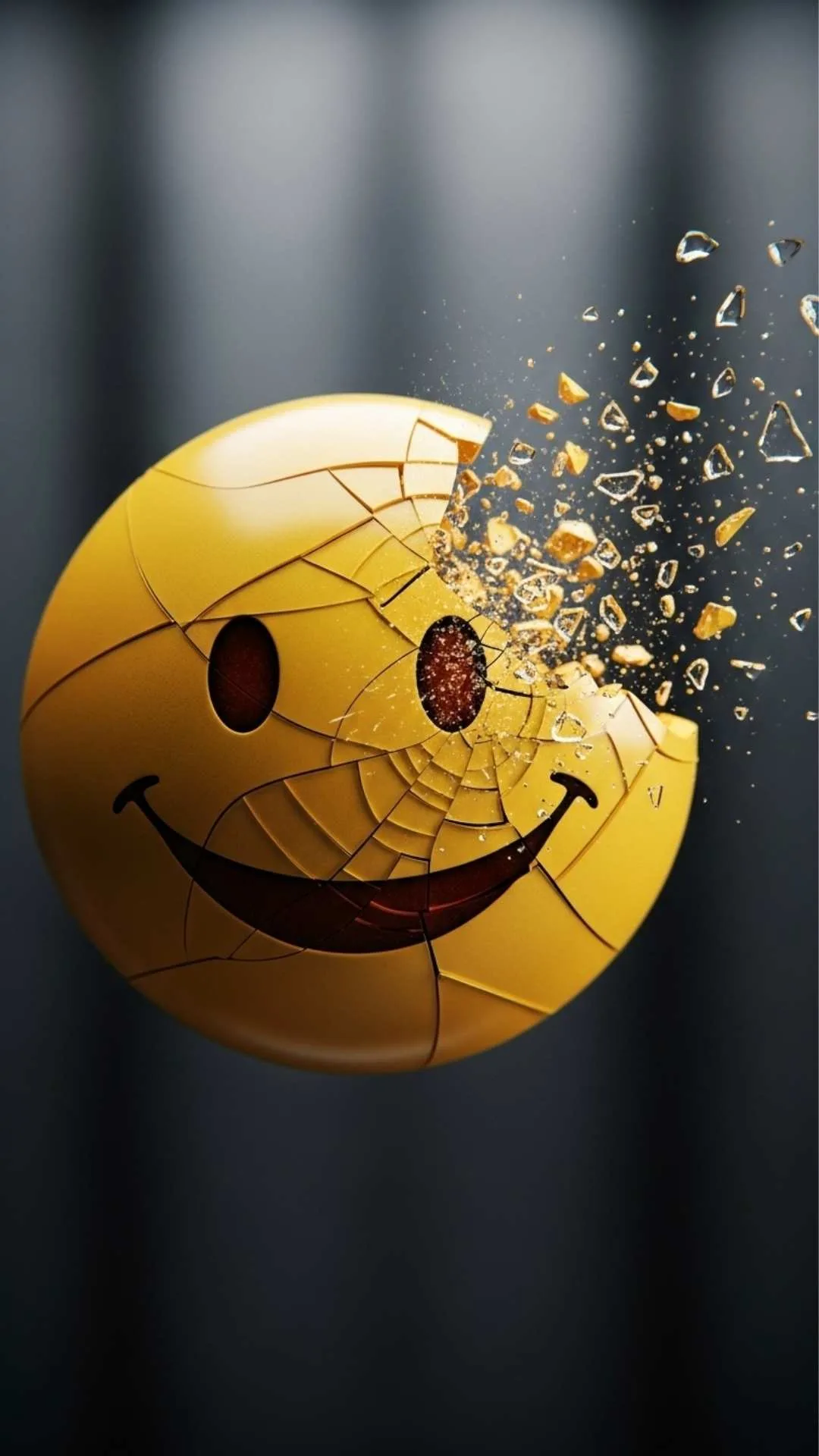 A free HD download of a broken heart DP, showing a yellow smiley face that is cracked and shattered. This 'sad smiley image for DP' symbolizes a fake smile or feeling broken, used for a sad WhatsApp status.