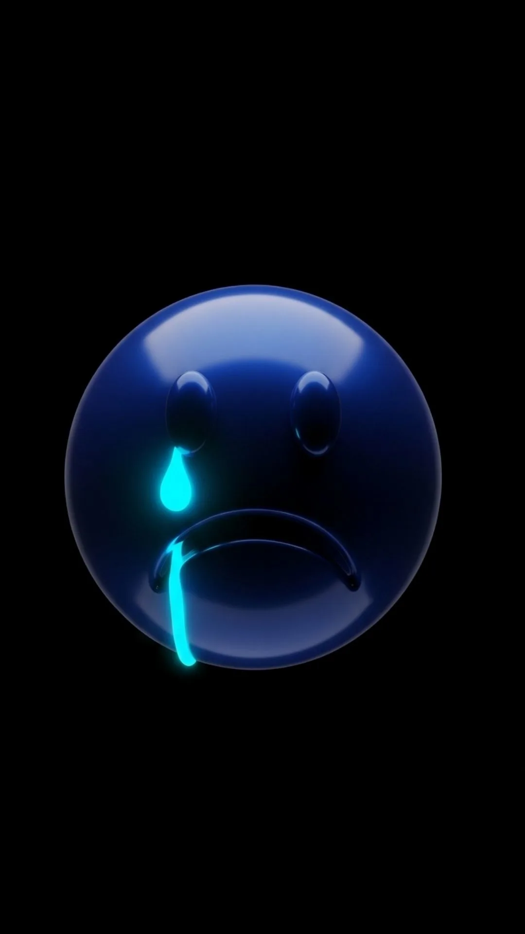 A 3D sad smiley DP with a glowing neon tear, set on a black background. This 4K crying emoji image is a free download for a WhatsApp status in India, often used as a 'broken heart DP' to signal 'I am not okay