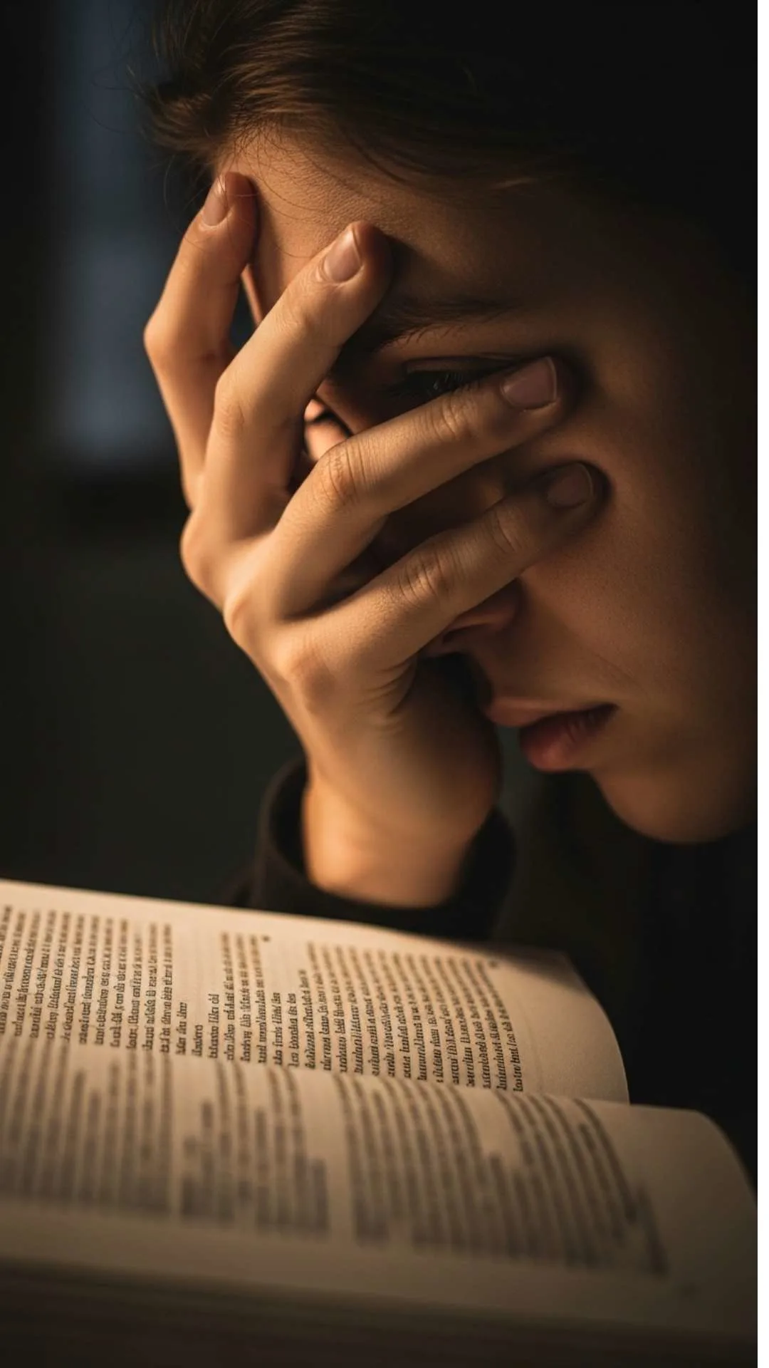 A 9:16 'sad' study DP showing a 'faceless' student's profile, hand on their face in frustration while reading. This emotional and 'lonely' image is an honest expression of exam stress, perfect for a 'Sad DP' for Indian students. Find free 'Broken Heart DPs' and 'Sad DP Images' at Majekfilms.com.