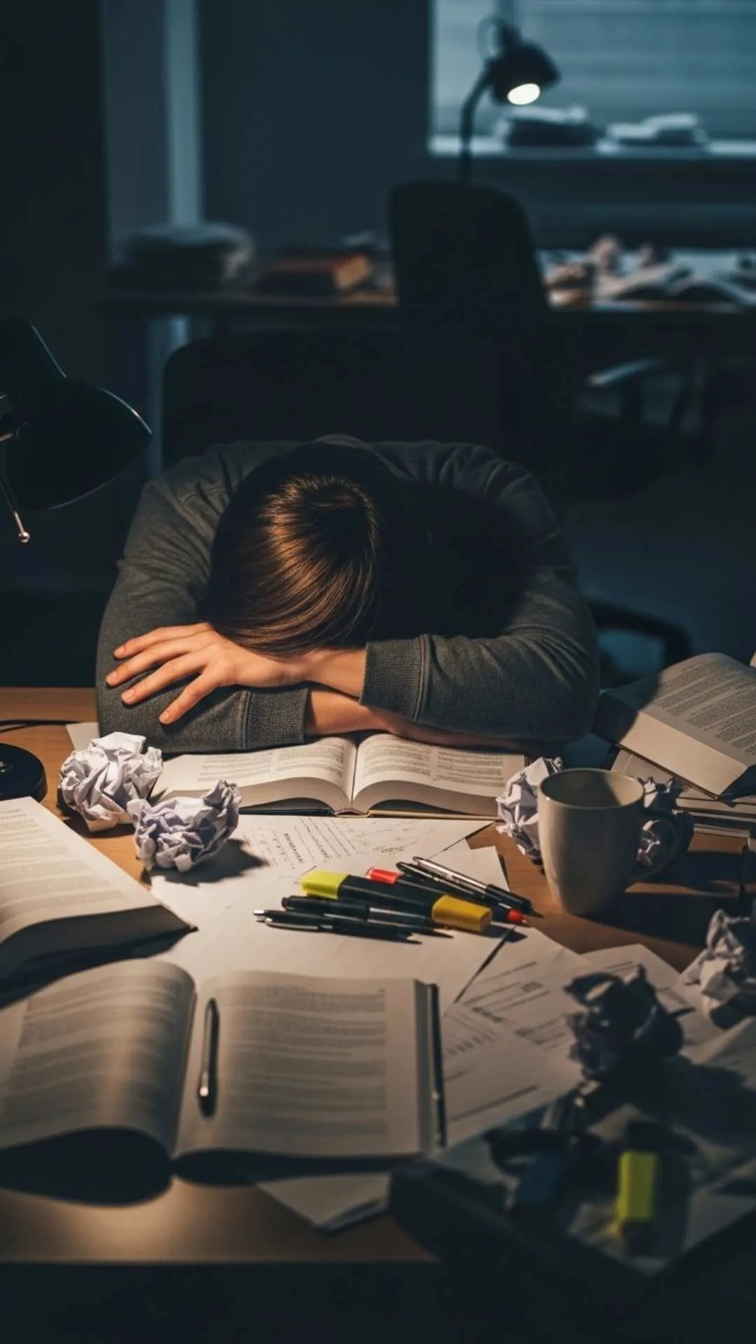 A 9:16 'sad' study DP showing a tired student with their head down on a messy desk full of books. This 'faceless' and relatable image perfectly expresses the exhaustion and exam stress felt by many Indian students, making it an honest WhatsApp or Instagram DP. Find more free 'Sad DP Images' on Majekfilms.com.