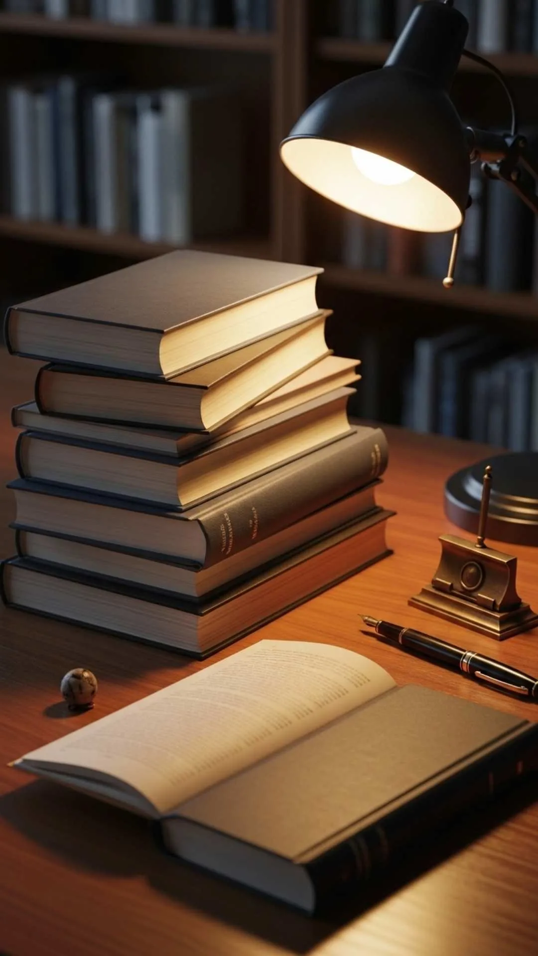 Motivational study book DP for WhatsApp, showcasing an intellectual desk setup with stacked books, a vintage pen, and focused lighting, ideal for a profile picture that represents diligence, learning, and academic pursuits for Indian students and scholars. A classic and inspiring choice.