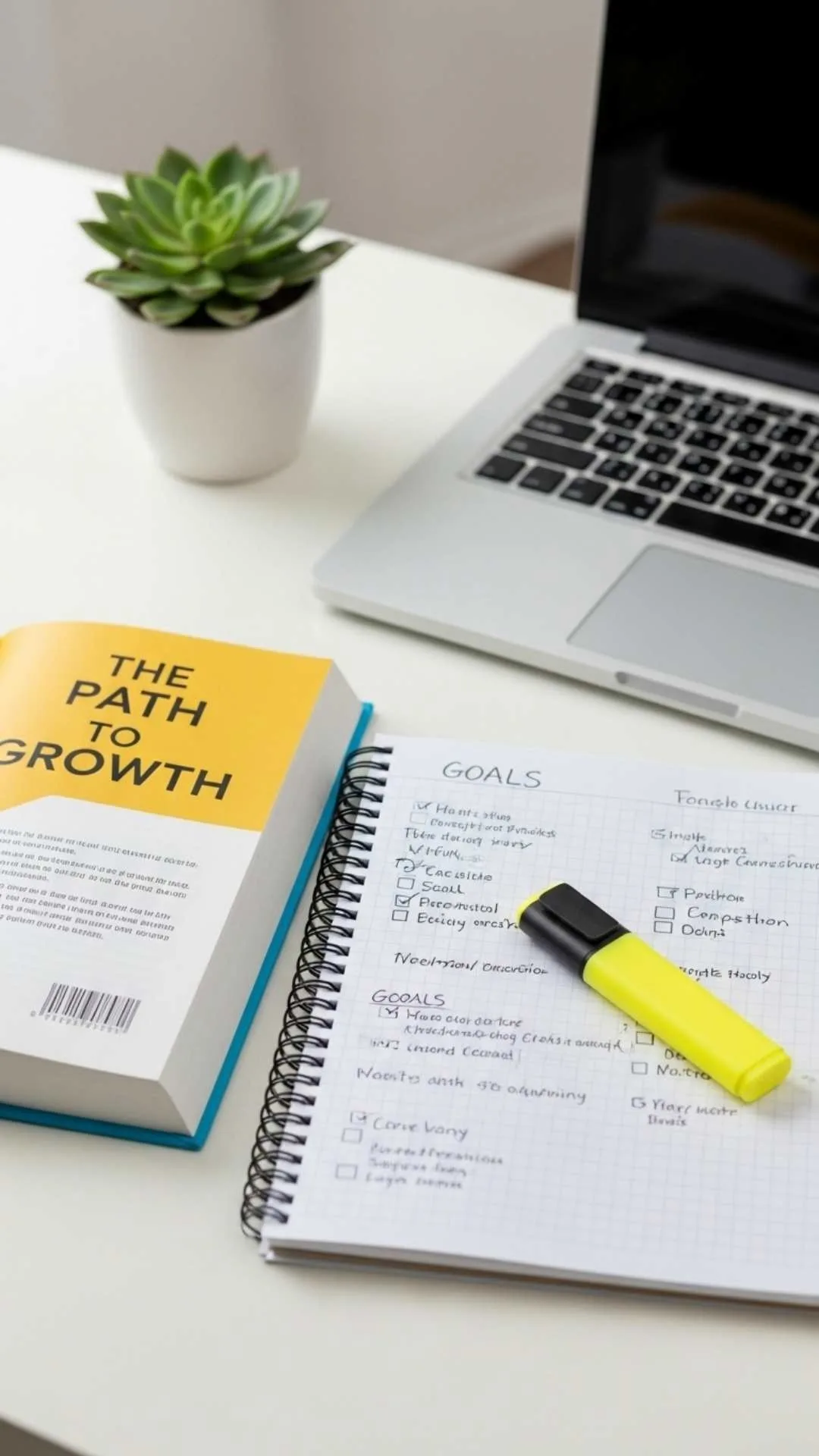 A motivational self-help book DP for WhatsApp, showing a goal-oriented and practical study desk with a book, notebook, and highlighter. This inspiring profile picture is perfect for Indian students focused on growth, self-improvement, and study motivation.