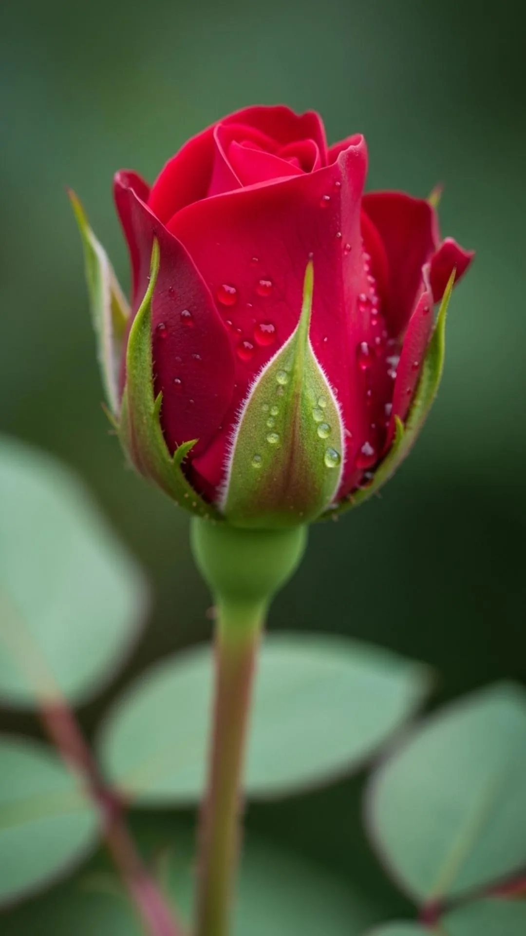 A beautiful, tender single red rosebud DP in 4K HD, with dewdrops, symbolizing new love and romance. Perfect for WhatsApp or Instagram profile pictures.