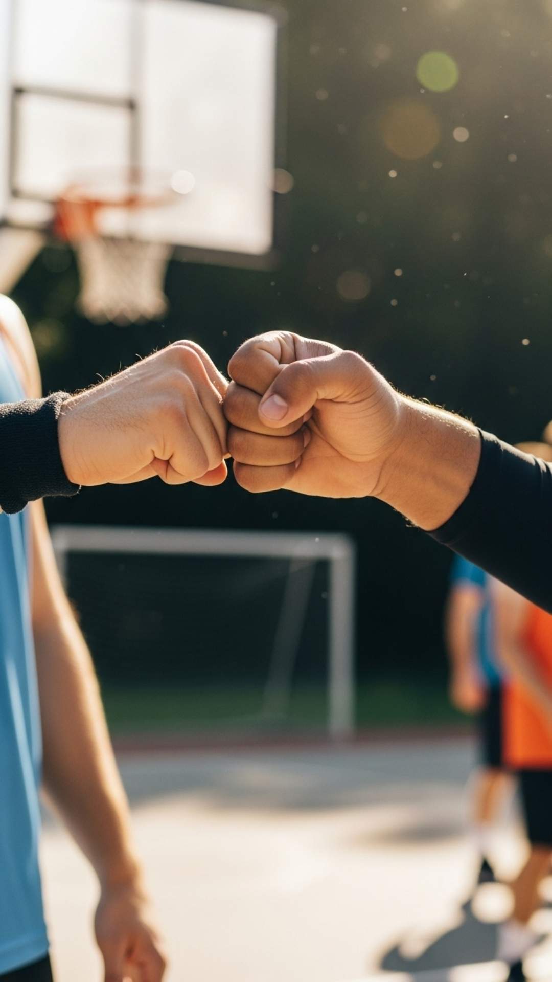 A sports friendship DP for boys featuring a powerful fist bump on a basketball court, symbolizing loyalty, teamwork, and brotherhood