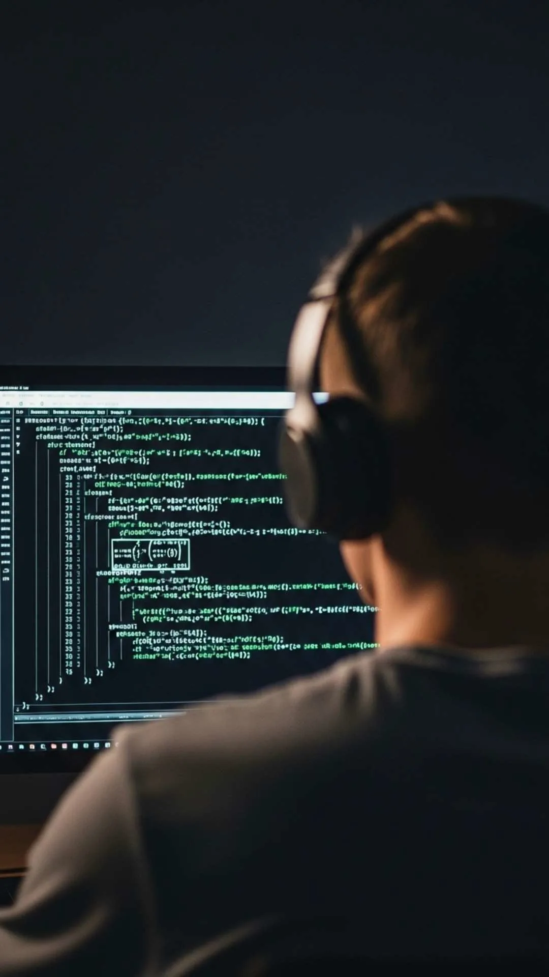 A 9:16 'tech focus' study DP for boys, showing a close-up of a computer screen with complex code (or math formulas) in a dark room. This image is perfect for engineering or computer science students in India as a 'cool' or 'attitude' WhatsApp DP, symbolizing the 'hustle' of exam prep. Free 4K DPs for boys at Majekfilms.com.
