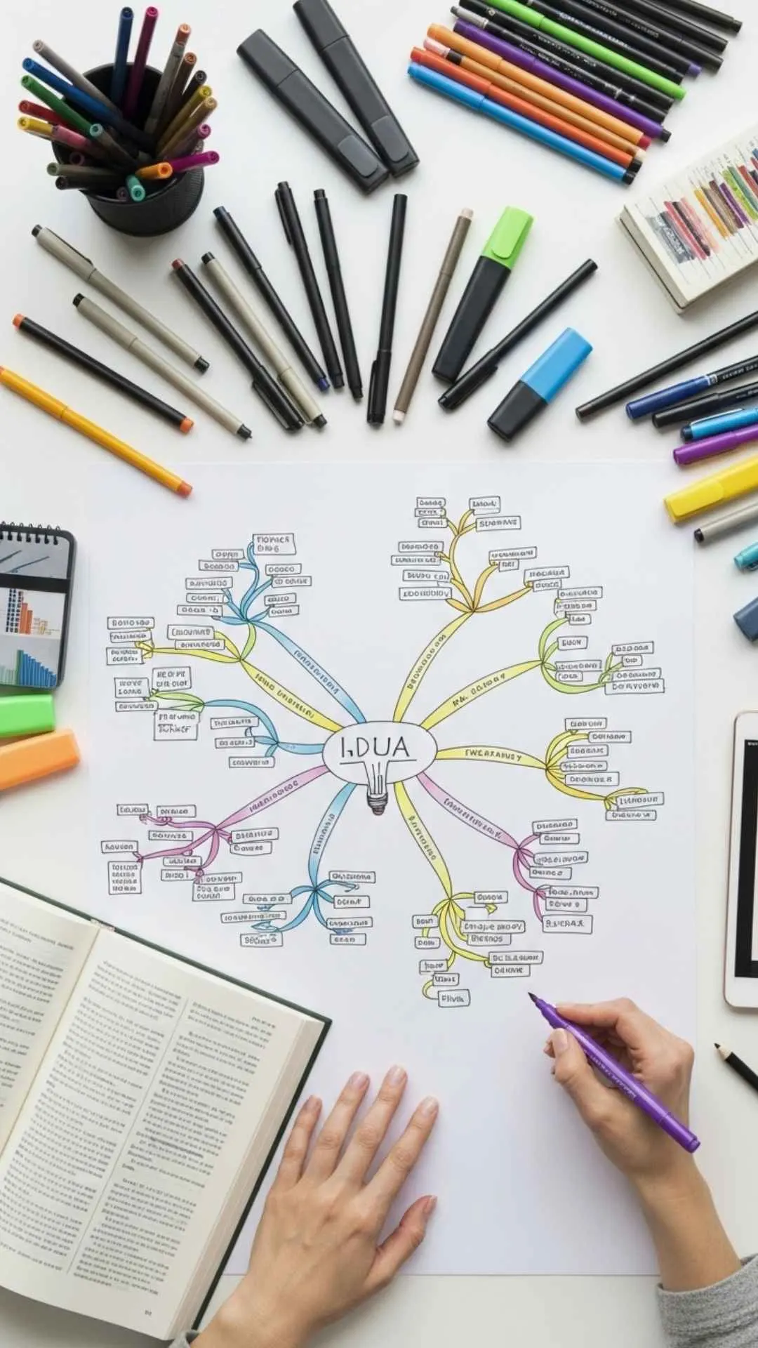 A 9:16 'creative' study DP for girls, showing a top-down view of female hands drawing a colorful mind map on a desk. This 'faceless' image represents a creative and diligent student, perfect for an aesthetic and motivational WhatsApp DP in India. Find free 4K study DPs on Majekfilms.com