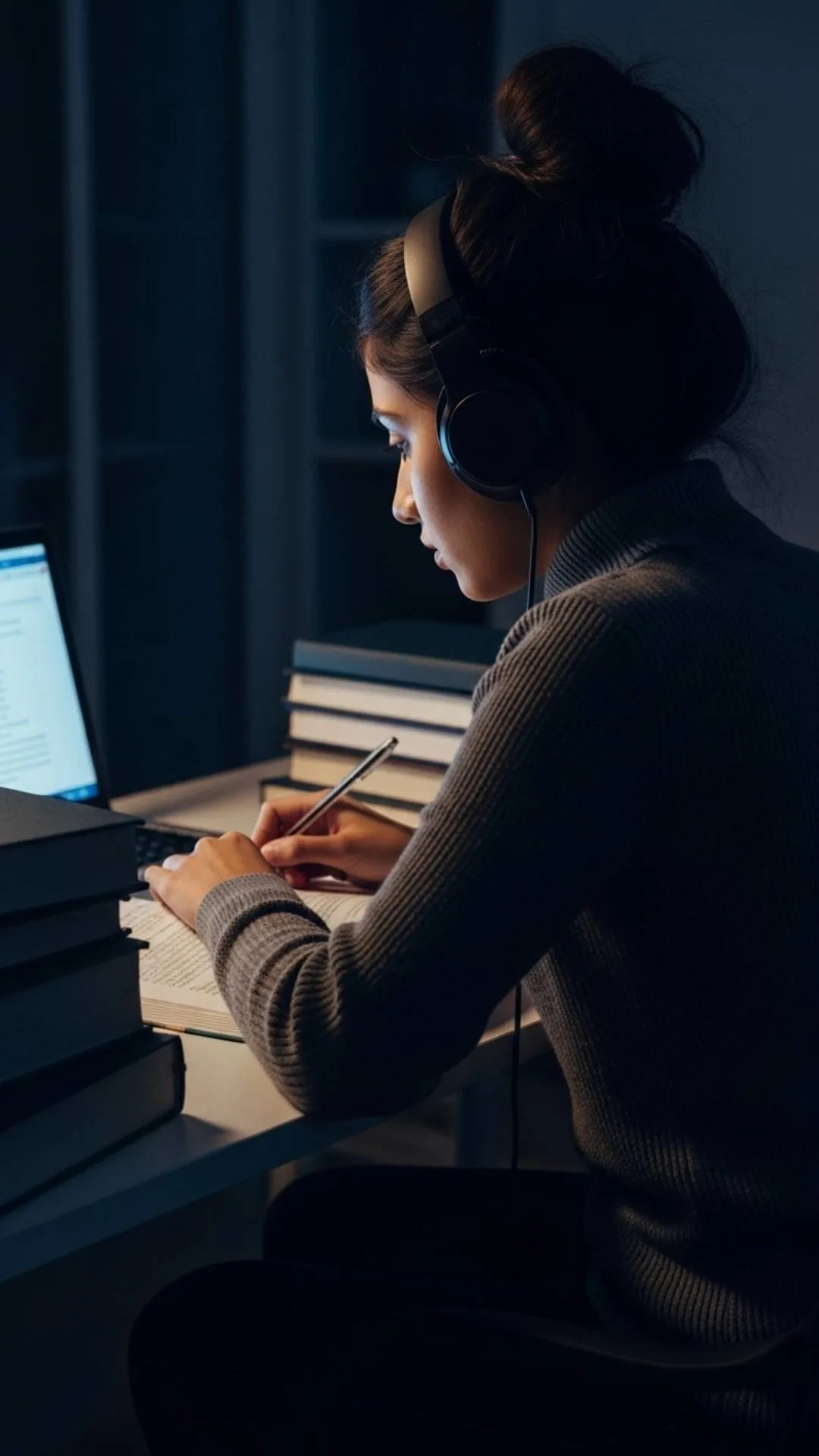 A 9:16 'faceless' study DP for girls, showing a student from the back with her hair in a bun and wearing headphones. She is focused on her laptop at a desk full of books, capturing the late-night exam prep vibe for Indian students. Find more free, relatable HD WhatsApp DPs for girls on Majekfilms.com.