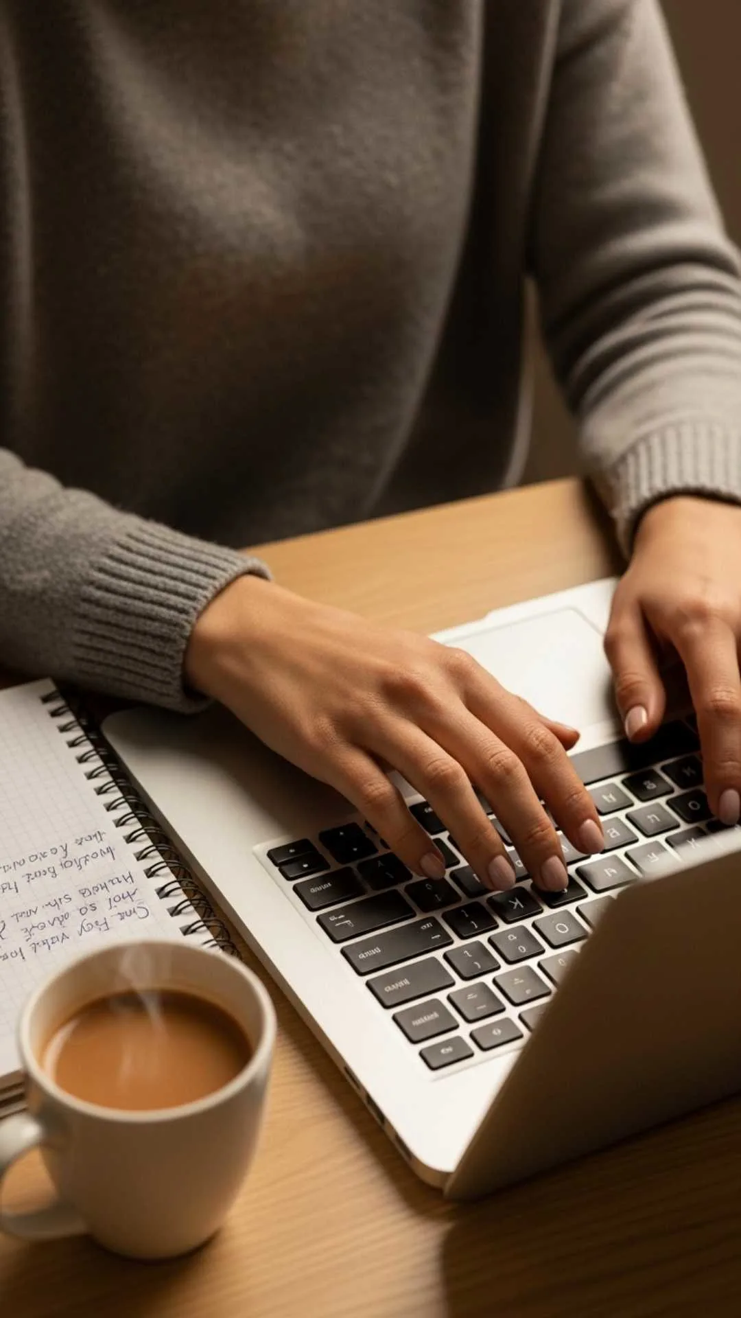A 9:16 'faceless' study DP for girls, showing a close-up of female hands typing on a laptop keyboard with notes and chai tea nearby. This image represents a diligent Indian student working on an assignment, perfect for a focused WhatsApp profile picture during exam season. Free 4K DPs from Majekfilms.com.