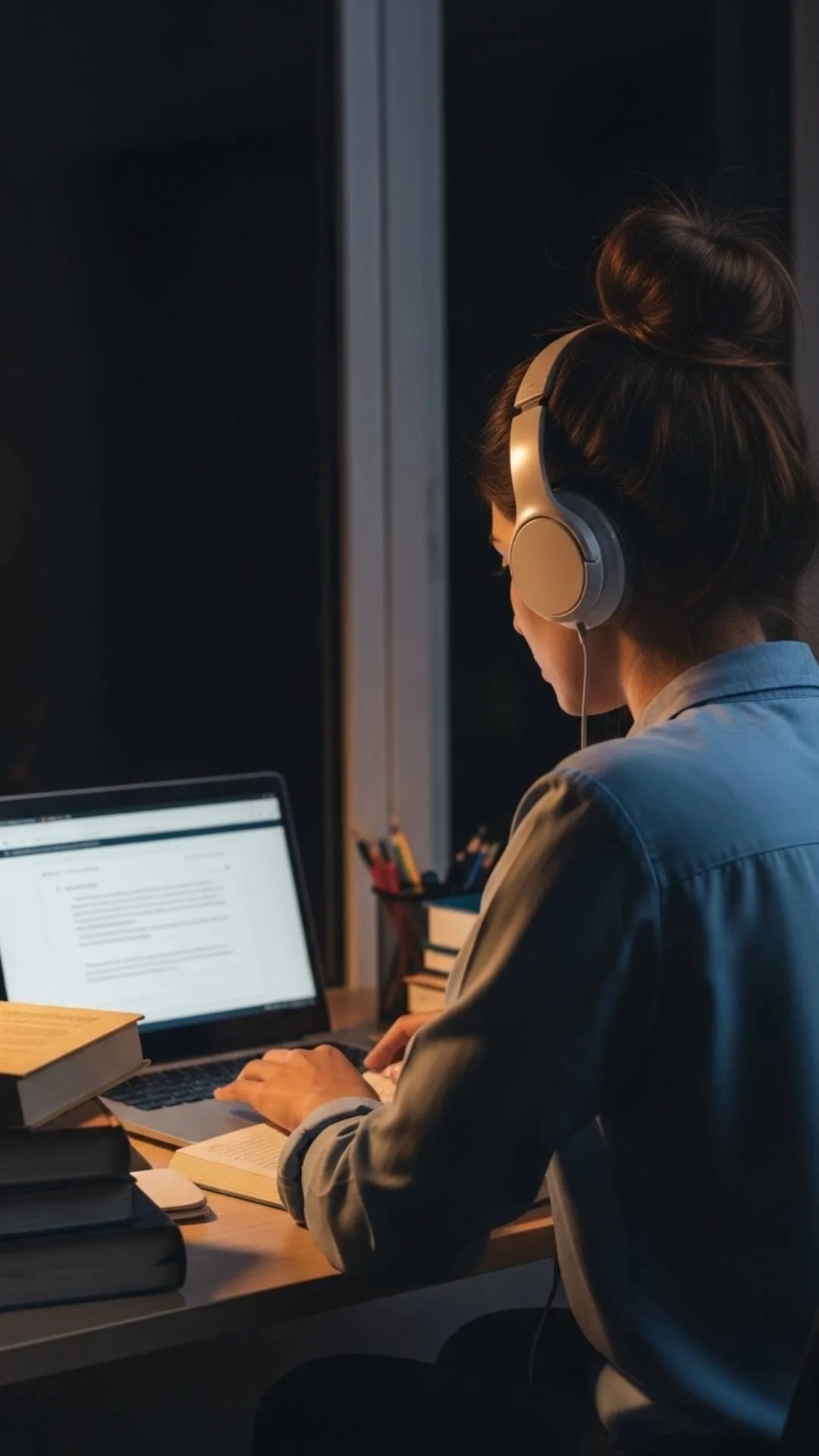 A 9:16 study DP for girls, viewed from the back, showing a female student with headphones focusing on her laptop at a desk piled with books. This image captures the 'study mode' and dedication of Indian students, serving as a relatable profile picture for WhatsApp or Instagram during exam prep. Find more HD DPs for girls on Majekfilms.com.