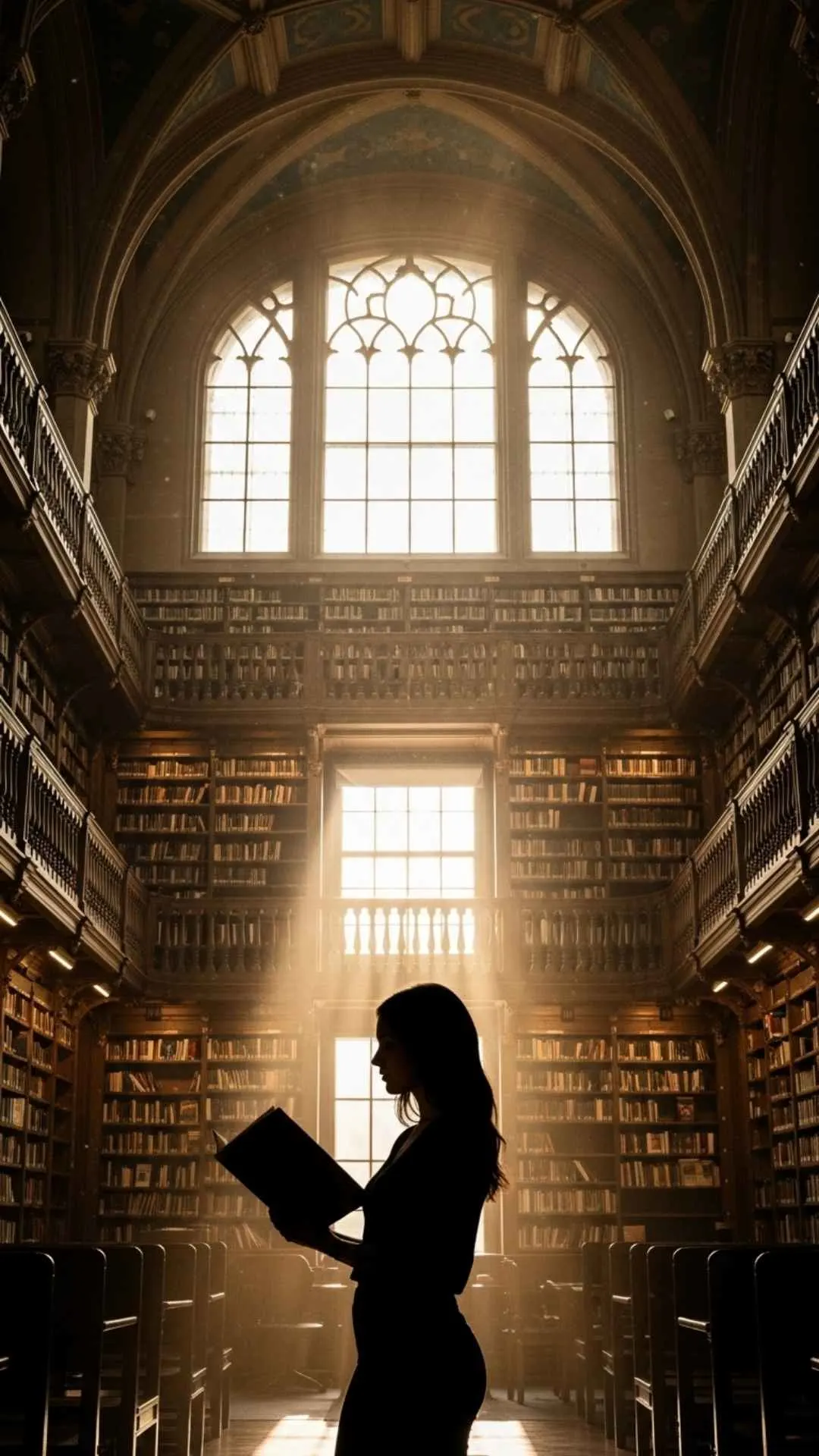 A 9:16 'faceless' study DP for girls, showing a silhouette of a female student reading a book against a large, bright library window. This aesthetic and scholarly image is a popular, unique profile picture for Indian students on WhatsApp or Instagram. Find free HD silhouette DPs on Majekfilms.com.