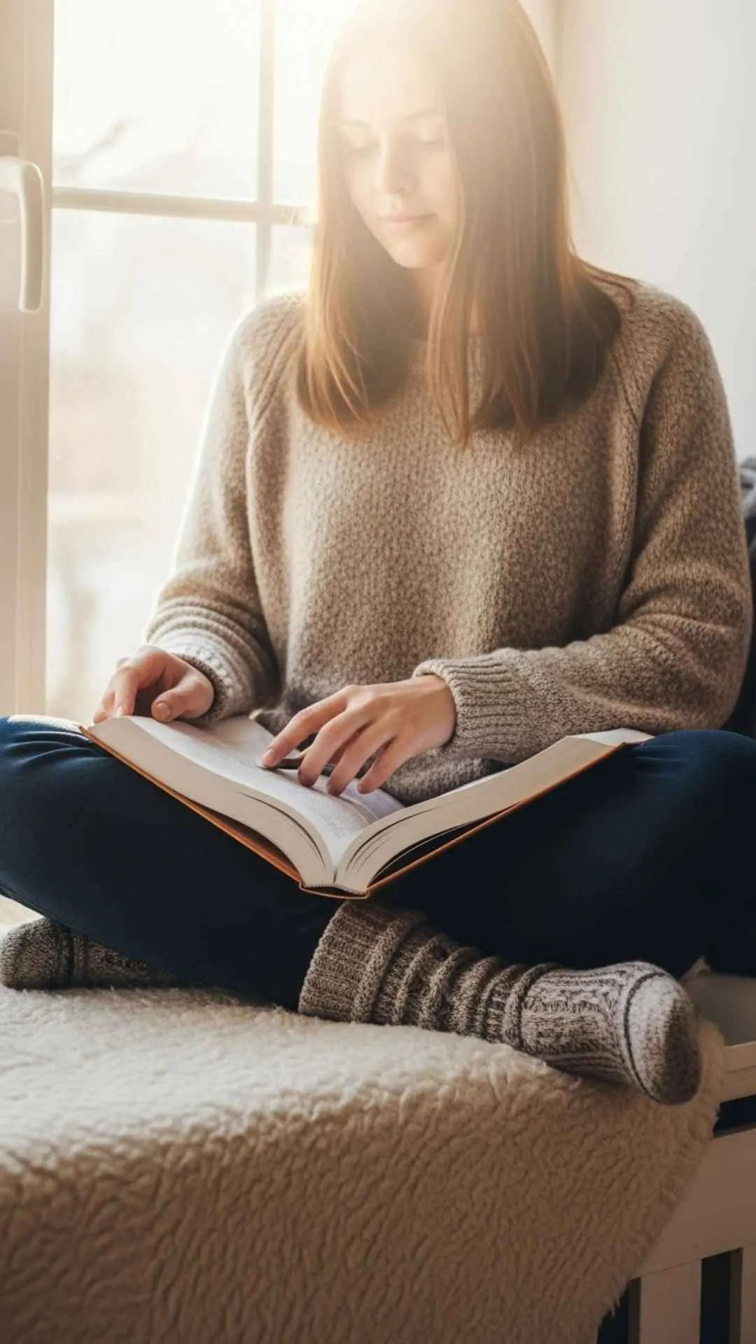 A 9:16 'faceless' aesthetic study DP for girls, showing a student sitting cross-legged on a cozy window seat, reading a textbook in the sunlight. This peaceful, comfortable, and aesthetic image is a popular WhatsApp DP for Indian students. Download free 4K aesthetic DPs at Majekfilms.com