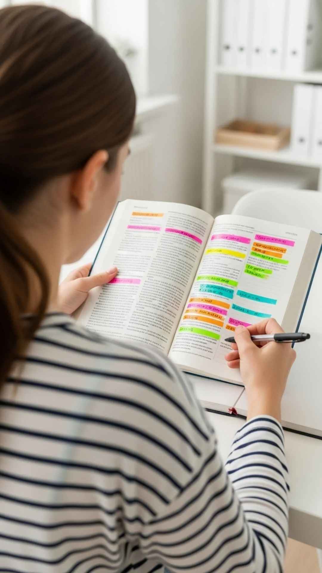 A 9:16 over-the-shoulder 'faceless' study DP for girls, showing a student reviewing a textbook and colorful highlighted notes. This image symbolizes 'revision' and diligence, making it a popular motivational DP for female students in India during exam time. Find more free HD profile pics for girls on Majekfilms.com.