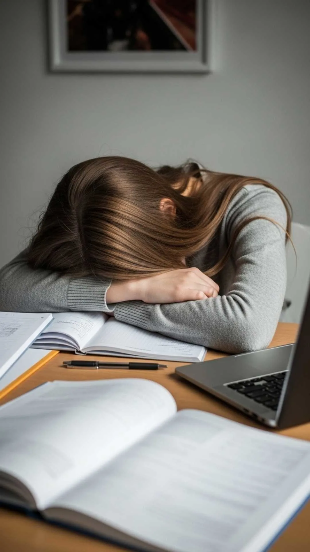 A 9:16 'faceless' study DP for girls, showing a tired student resting her head on her arms on a messy desk with books. This relatable image expresses the stress and fatigue of exam season, making it a popular honest WhatsApp DP for female students in India. Download free sad and tired study DPs at Majekfilms.com.