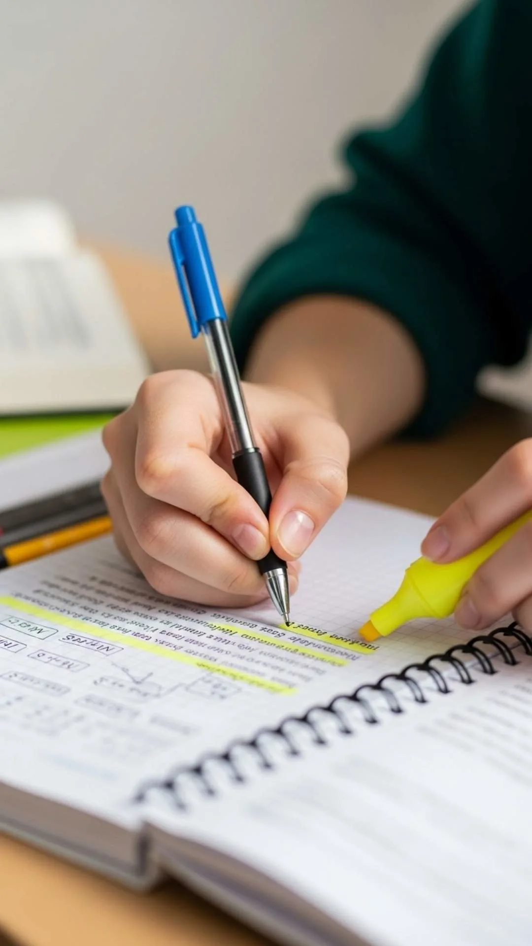A 9:16 aesthetic study DP for girls, featuring a close-up of a female student's hand writing detailed notes in a notebook with a pen and highlighter. This image represents diligence and focus, perfect as a motivational WhatsApp DP during exam season in India. Download free 4K study images at Majekfilms.com.