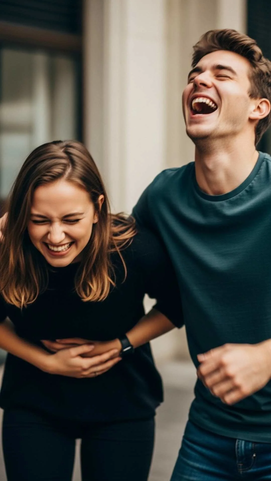 A funny friendship DP showing two best friends in a moment of uncontrollable laughter, a hilarious and candid image for a fun-loving bond
