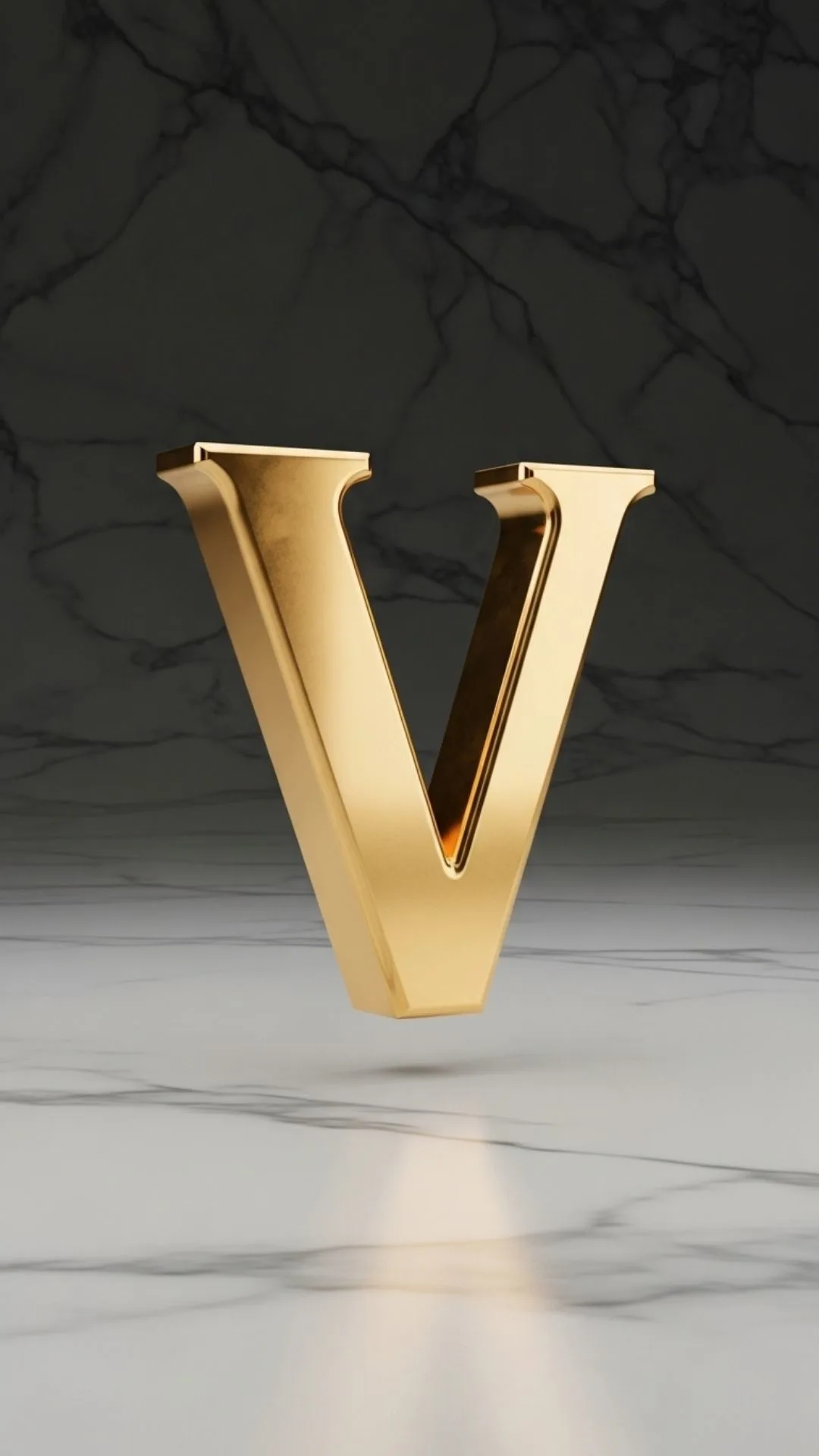 A premium 4K 'V' letter image for DP, showing a 3D metallic 'V' with a sleek, polished 'gold' finish against a black marble background. This 'stylish V name dp' embodies luxury and class, perfect for a mature, professional WhatsApp or professional profile in India. Keywords: 3D V letter dp, metallic V name dp, V letter gold, stylish V alphabet, V logo design 4K.
