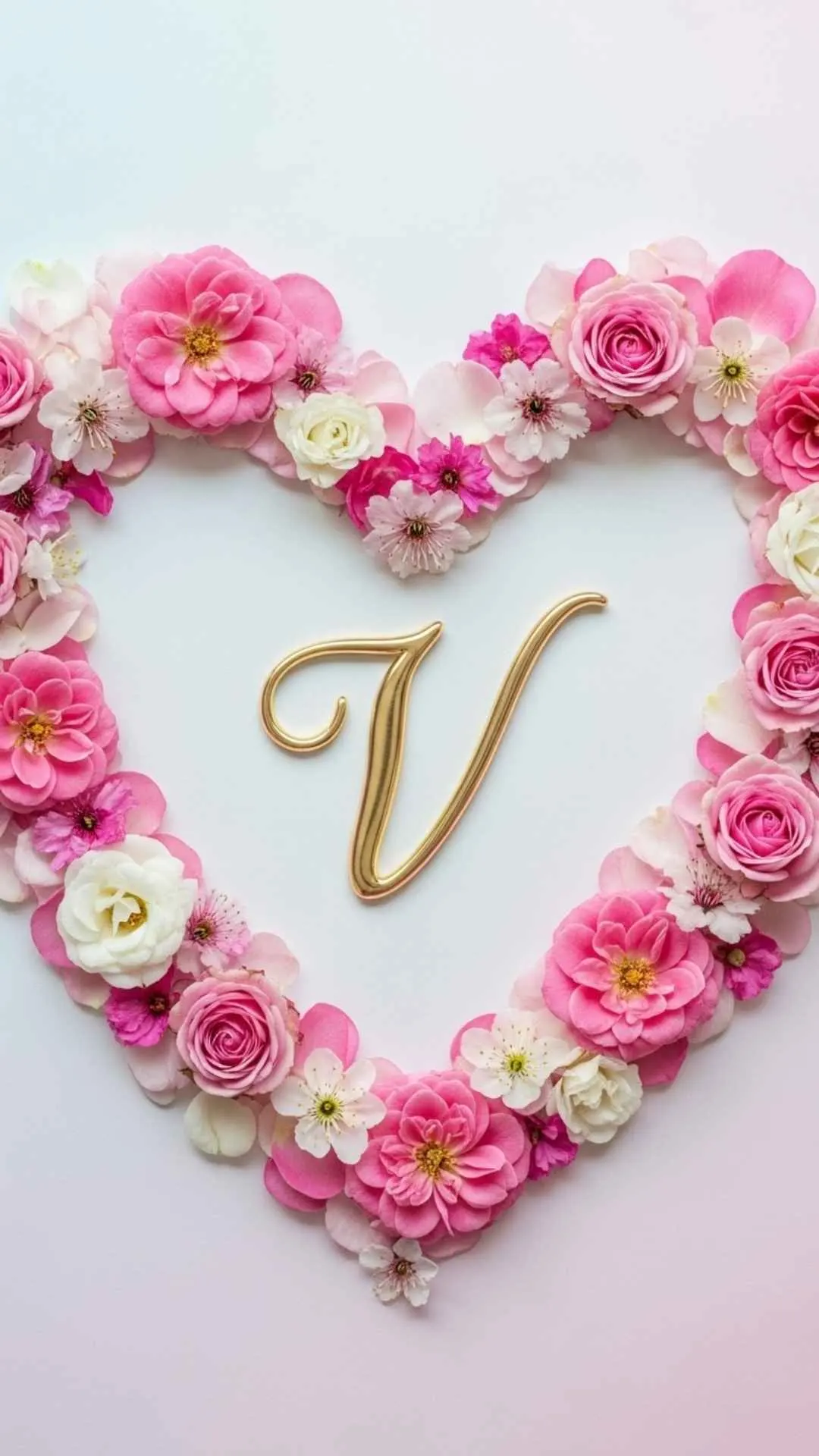 "An aesthetic 4K 'V letter image for dp love', featuring an elegant gold cursive 'V' inside a beautiful heart made of pink and white flowers. This 'cute V dp for girls' is perfect for a romantic Instagram or WhatsApp profile in India. Keywords: V name dp love, V floral heart dp, aesthetic V letter wallpaper, V alphabet flower design."