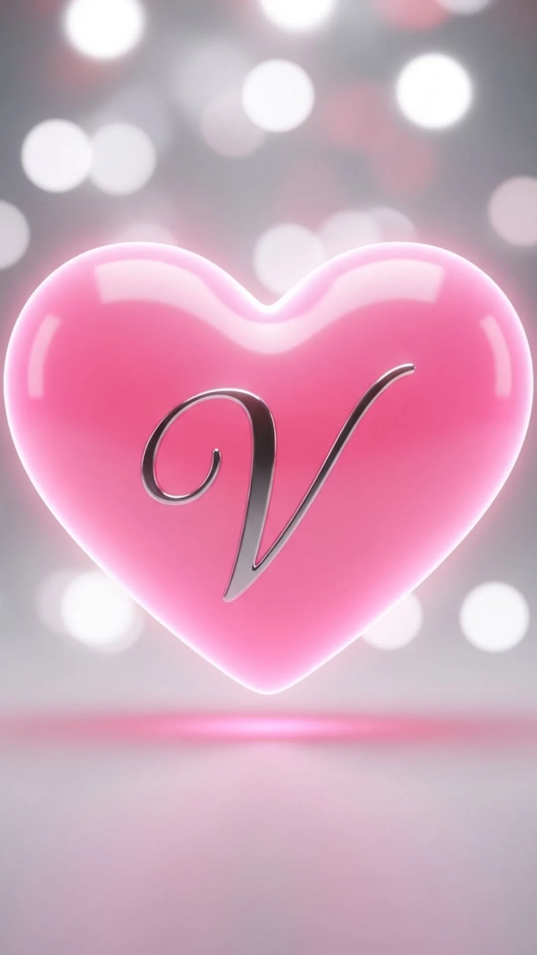 A romantic 4K 'V letter in heart' DP, showing an elegant silver 'V' inside a glowing pink heart against a soft bokeh background. This 'V name dp love' is perfect for expressing tender affection on WhatsApp or Instagram in India. Keywords: V letter images for dp love, romantic V name dp, V alphabet love, pink V heart wallpaper 4K, cute V dp for girls
