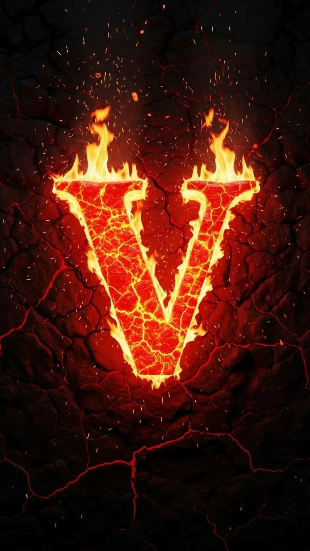A powerful 4K 'V' letter image for DP, showing a bold 'V' made of red-hot fire and lava against a dark, volcanic rock background, symbolizing a strong attitude. This 'cool V name dp' is perfect for boys in India seeking a stylish WhatsApp or Instagram profile picture. Keywords: fire V letter dp, red fire V, V name dp stylish, V letter images for boys, V alphabet 4K.