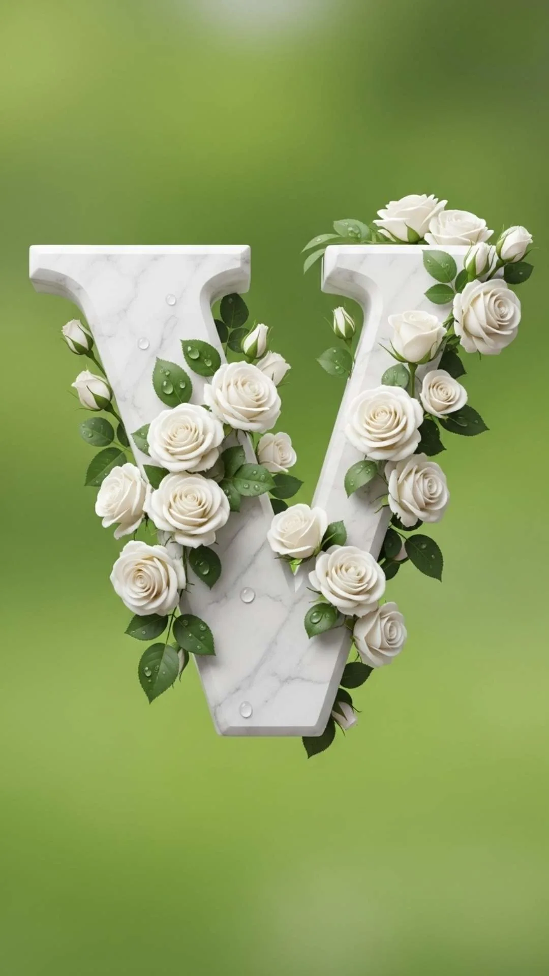 A beautiful 4K 'V letter with white roses' DP, featuring a marble 'V' adorned with fresh white roses and dew drops, signifying pure love. This 'romantic V name dp' is ideal for a girl's WhatsApp or Instagram profile in India, embodying classic elegance. Keywords: V name dp love, V letter white rose image, V flower dp, beautiful V alphabet wallpaper, V dp for girls romantic.