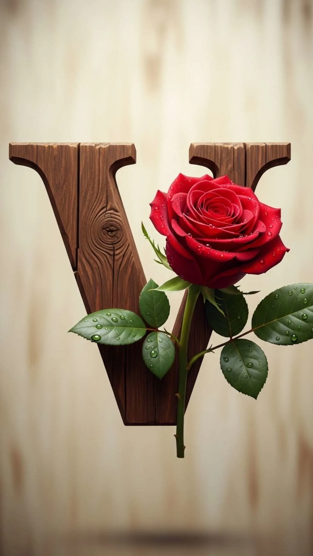 "A beautiful 'V letter with roses' DP for expressing love, featuring a wooden 'V' adorned with a realistic red rose. This 'romantic V name dp' is ideal for a girl's WhatsApp or Instagram profile in India, embodying classic romance. Keywords: V name dp love, V letter rose image, V flower dp, beautiful V alphabet wallpaper, V dp for girls."