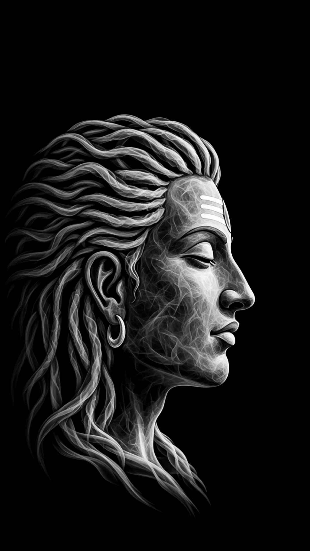 Abstract Smoke Art Shiva DP created with swirling white smoke on a solid black background. This unique and creative Bholenath image offers a mysterious and modern artistic interpretation of the deity. Perfect for users who prefer subtle, non-traditional religious imagery that stands out as a cool and elegant profile picture.