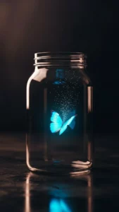 A beautiful aesthetic butterfly image for DP, showing a glowing blue butterfly escaping a jar. This 4K picture symbolizes hope and transformation, perfect as a unique WhatsApp DP for girls or boys. Free HD download from Majekfilms.com