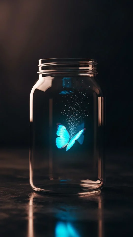 A beautiful aesthetic butterfly image for DP, showing a glowing blue butterfly escaping a jar. This 4K picture symbolizes hope and transformation, perfect as a unique WhatsApp DP for girls or boys. Free HD download from Majekfilms.com