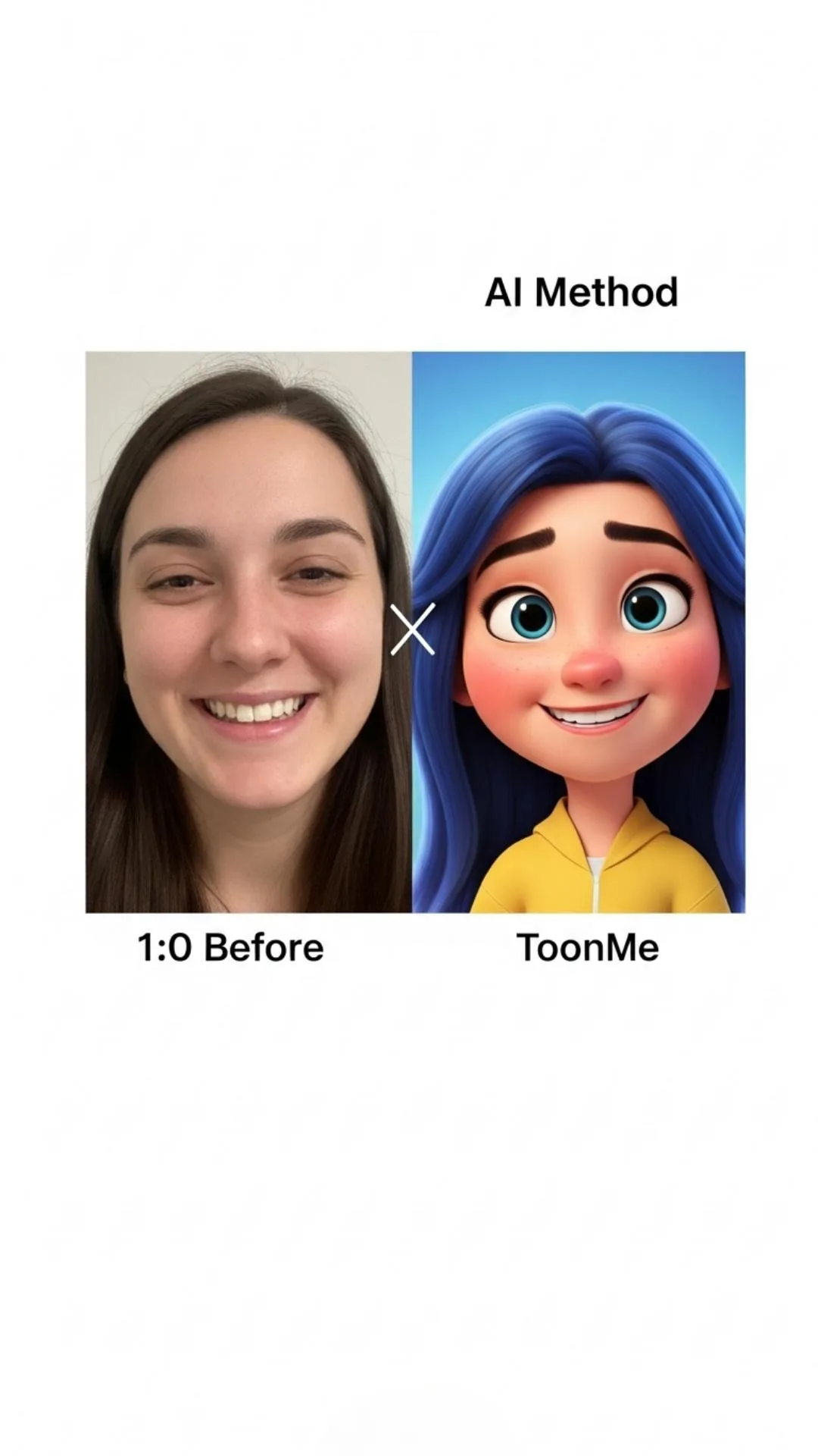 A "before and after" image demonstrating the 'AI Method' for creating exclusive 'cartoon images for DP,' showing how a real selfie is transformed into a high-quality Disney/Pixar style avatar using AI tools like ToonMe or Canva, directly answering the user query 'how to turn my photo into a cartoon'.