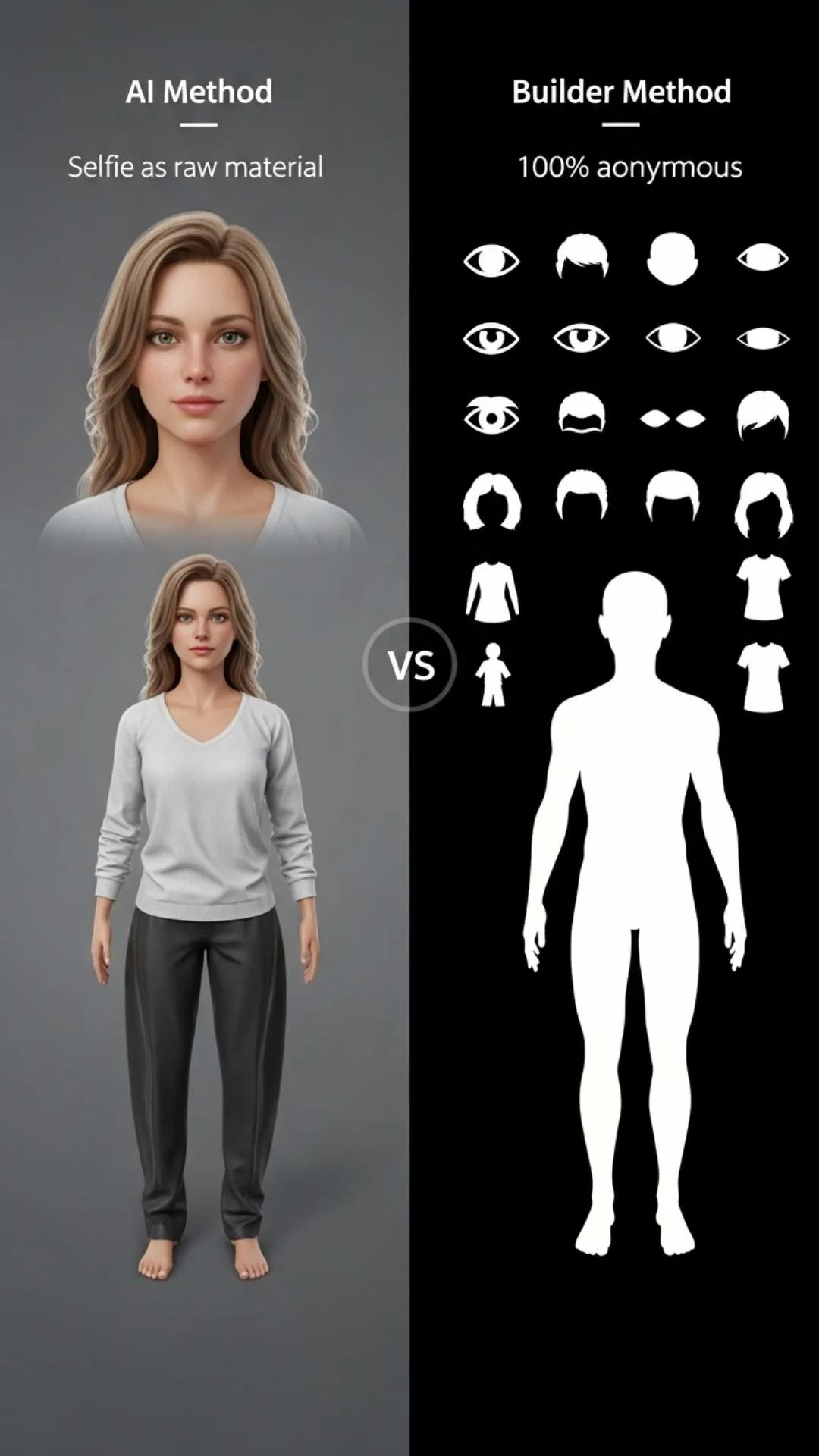 A comparison of the 'AI Method' (using a selfie in Canva/ToonMe) versus the 'Builder Method' (creating from scratch in SuperMe) for making 'cartoon images for DP,' helping users choose the best technique based on their need for an exclusive, one-of-a-kind avatar or a 100% anonymous profile picture.