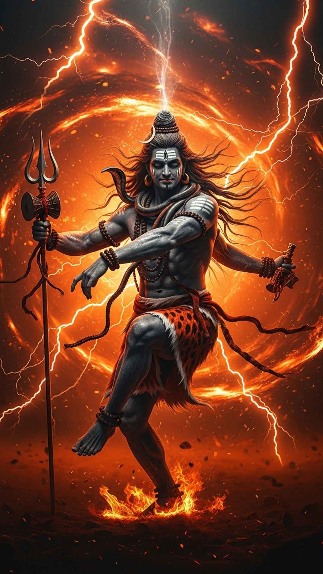 High-resolution Angry Mahakal Attitude DP for WhatsApp featuring Lord Shiva in his Rudra avatar performing the Tandav dance amidst cosmic fire. This fierce image symbolizes the destruction of ego and negativity, perfect for boys seeking a powerful and motivational profile picture. Detailed illustration of the Lord of Time with ash-smeared skin and intense energy.