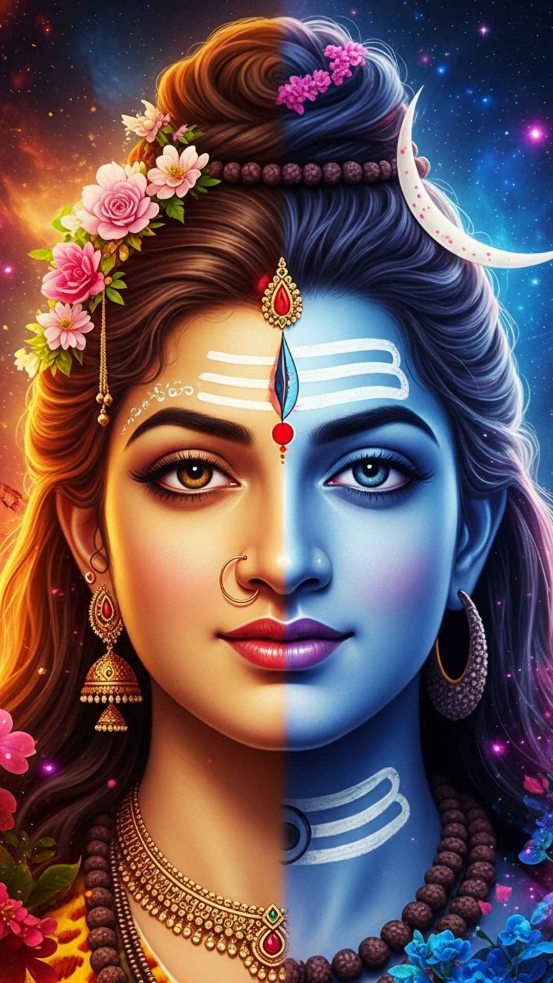 Ardhanarishvara HD wallpaper representing the combined form of Lord Shiva and Goddess Parvati (Shakti). This artistic image visualizes the perfect balance of masculine (Purusha) and feminine (Prakriti) energies. Ideal for users searching for deep, meaningful spiritual art that signifies inseparable love and universal balance.