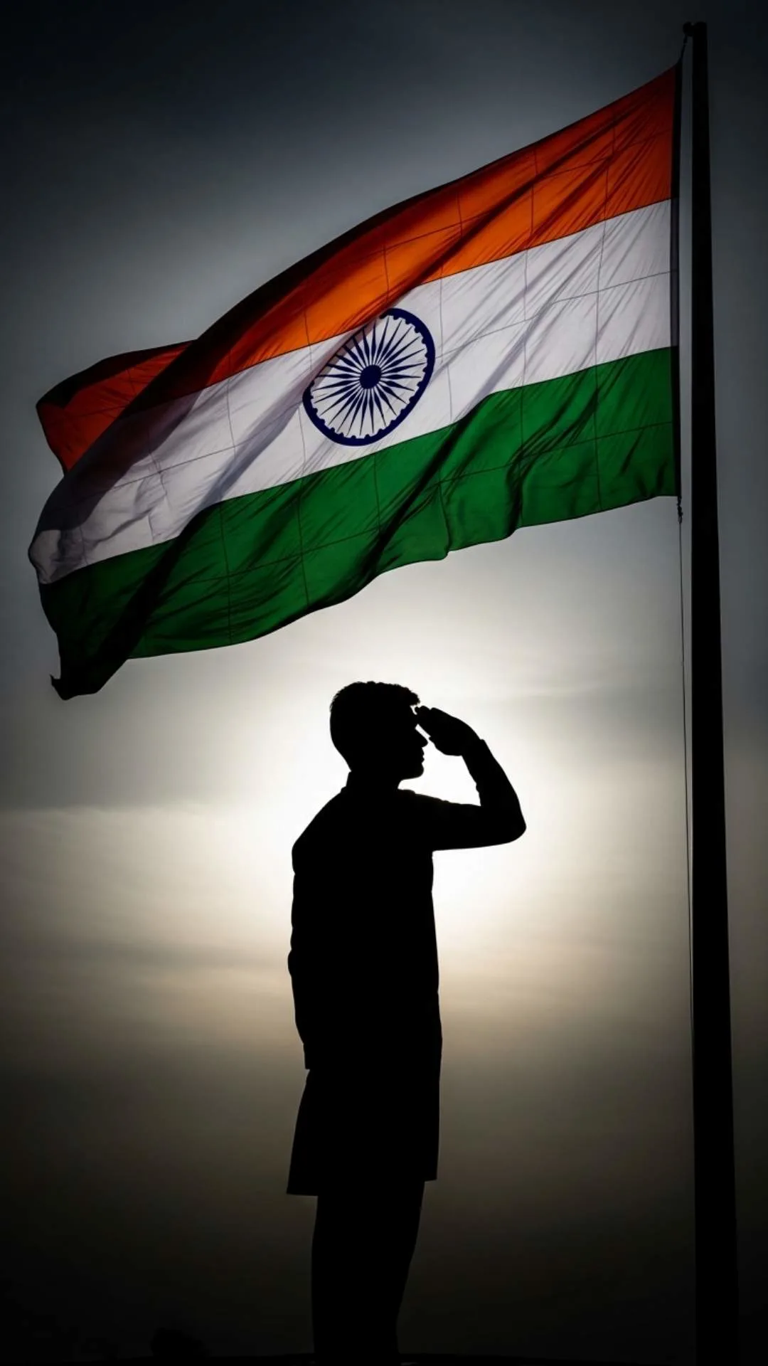 A stylish 'attitude' DP in 9:16 with an 'Indian flag DP boy' or 'girl' silhouette saluting the Tiranga. This artistic and respectful HD wallpaper merges personal pride with a powerful, patriotic stance, ideal for a unique profile picture.