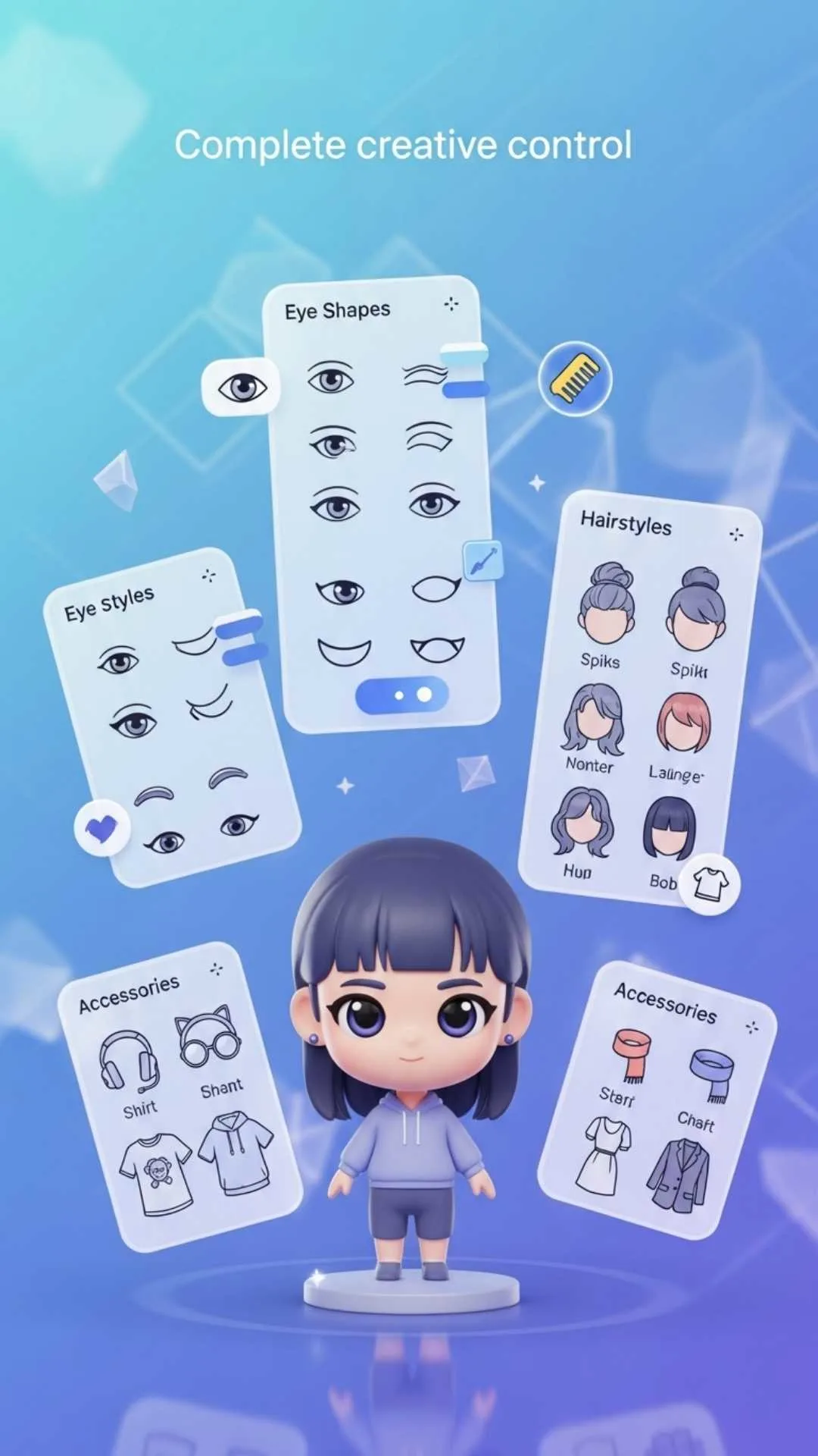An illustration of the 'Builder Method' using an avatar app like SuperMe, showing the character creation process with menus for eyes, hair, and accessories, demonstrating how to make a 100% anonymous chibi/manga style 'cartoon image for DP' from scratch.