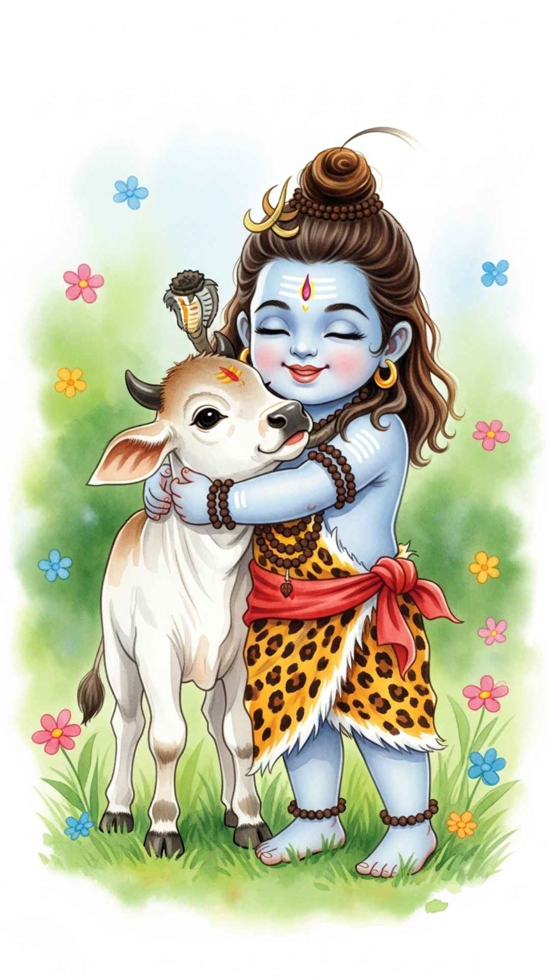 Artistic watercolor drawing of Baby Shiva hugging cute Nandi (the bull calf), symbolizing divine friendship and pure love. This aesthetic Bal Shiv image is ideal for an Instagram DP or status update, representing happiness and the gentle nature of Bholenath. A high-resolution illustration for devotees who love innocent and creative religious art.