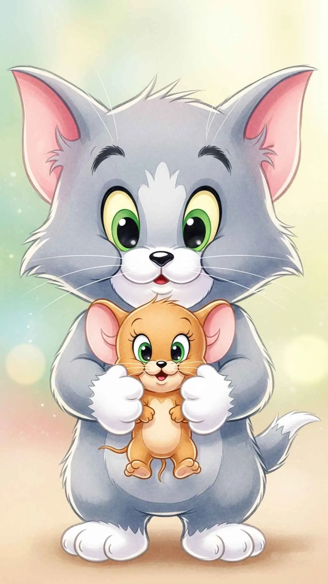 Adorable baby Tom and Jerry cute DP for WhatsApp and Instagram. This aesthetic HD image, perfect for girls and boys in India, features a fluffy kitten Tom gently holding a tiny Jerry, evoking nostalgic cuteness and a soft, dreamy visual style for unique profile pictures.