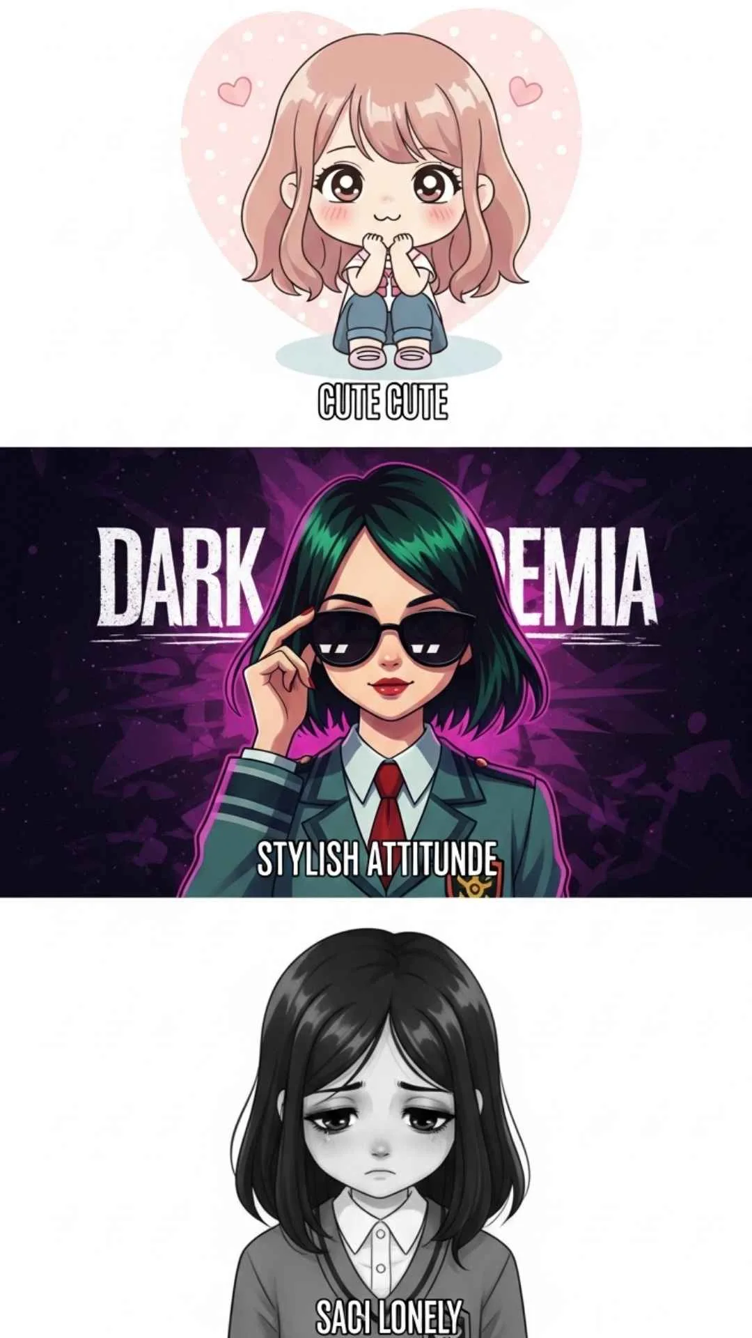 A collage illustrating the top three trends for 'cartoon images for DP for girls' in 2025: 'cute & aesthetic' (chibi, pastel), 'stylish & attitude' (Dark Academia, cool), and 'sad or lonely' (grayscale, moody). This visual guide helps users identify the dominant styles and find the perfect profile picture that matches their personality.