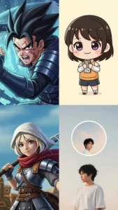 A diverse collage of cartoon DP styles, showcasing a cool anime warrior, a cute chibi character, and an aesthetic profile picture, illustrating how "cartoon images for DP" express varied personalities and online personas on social media platforms like WhatsApp and Instagram. This visual diversity appeals to users searching for unique, expressive avatar options.